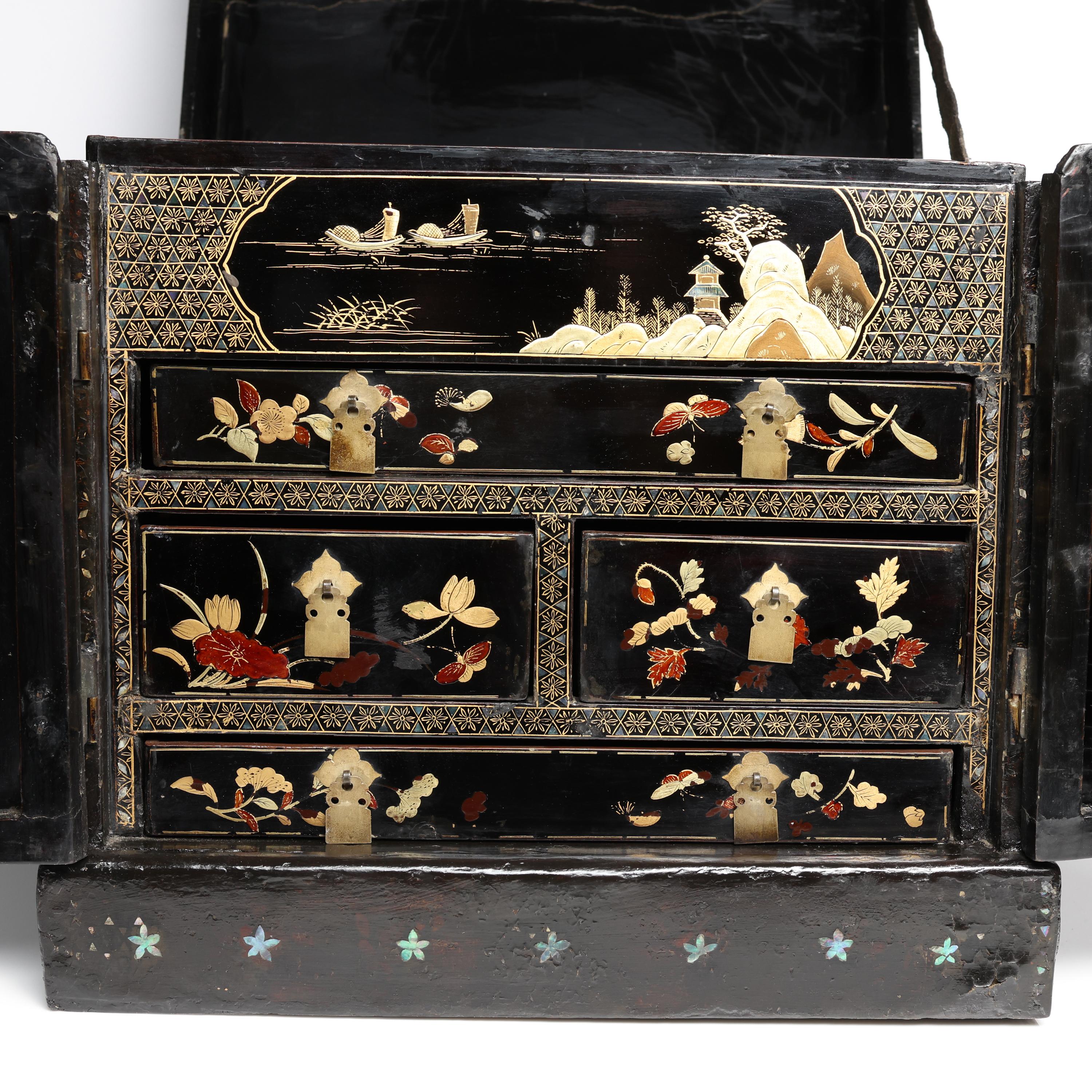 Artisan Antique Jewelry Chest Japanese Black Lacquer For Sale