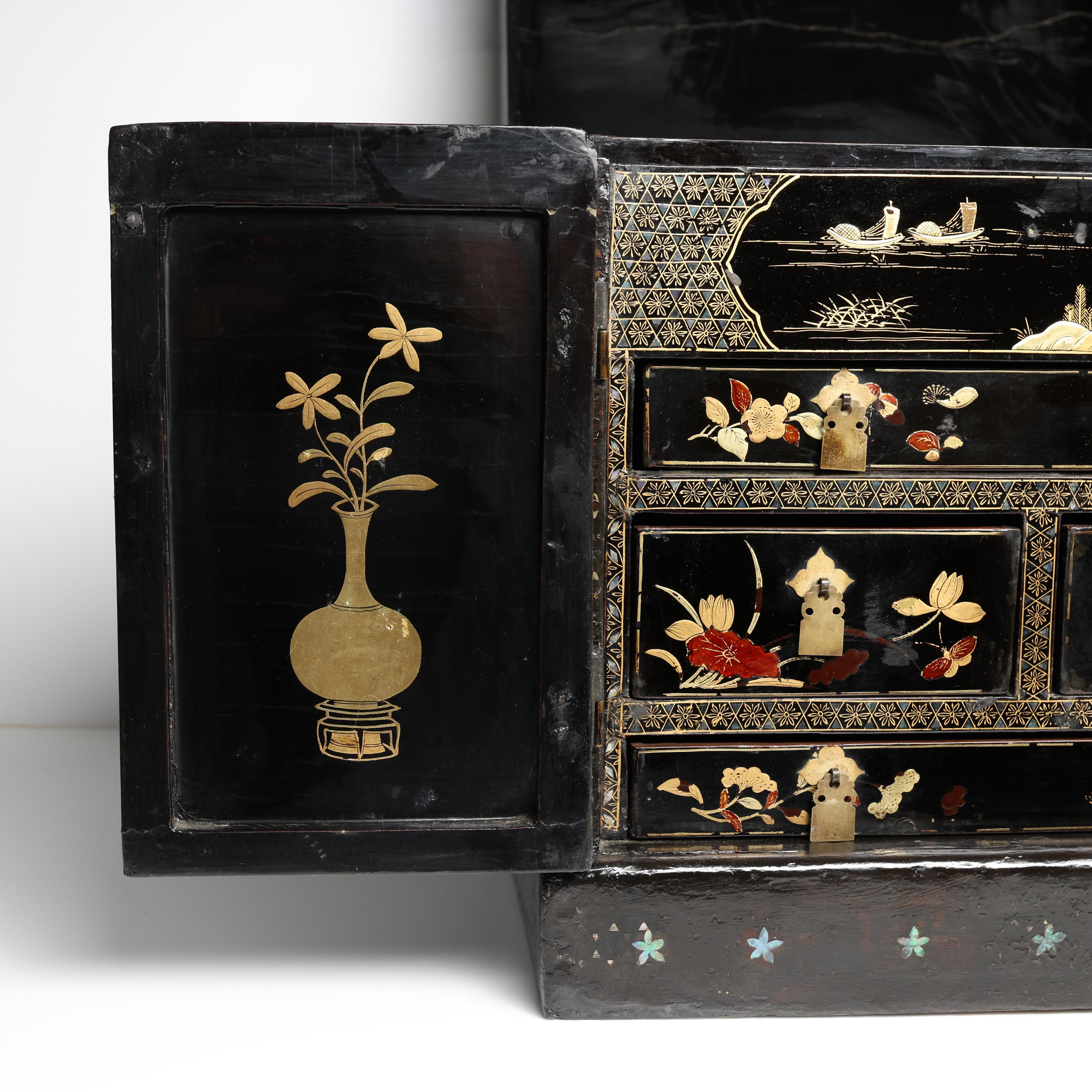 Women's or Men's Antique Jewelry Chest Japanese Black Lacquer For Sale