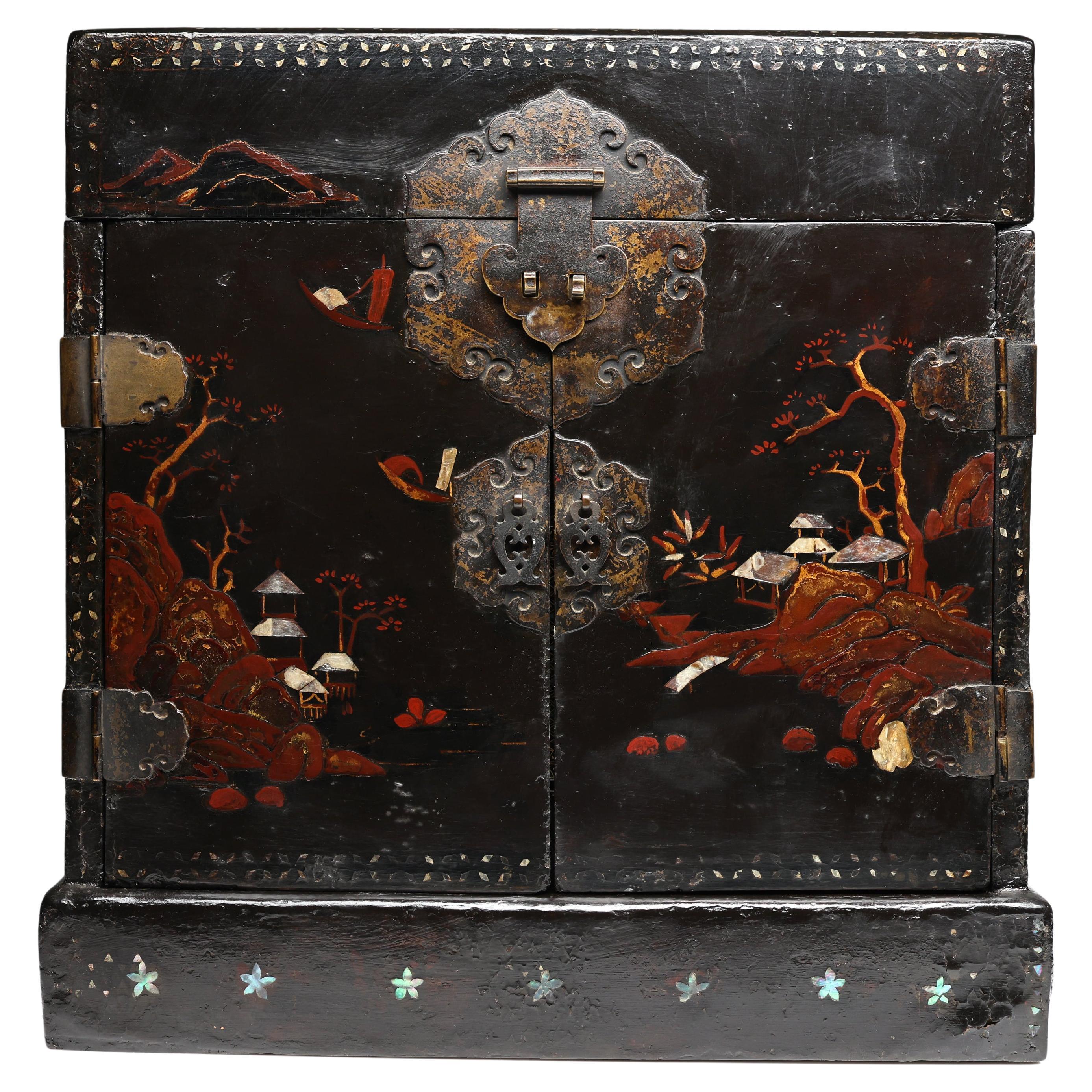 Antique Jewelry Chest Japanese Black Lacquer