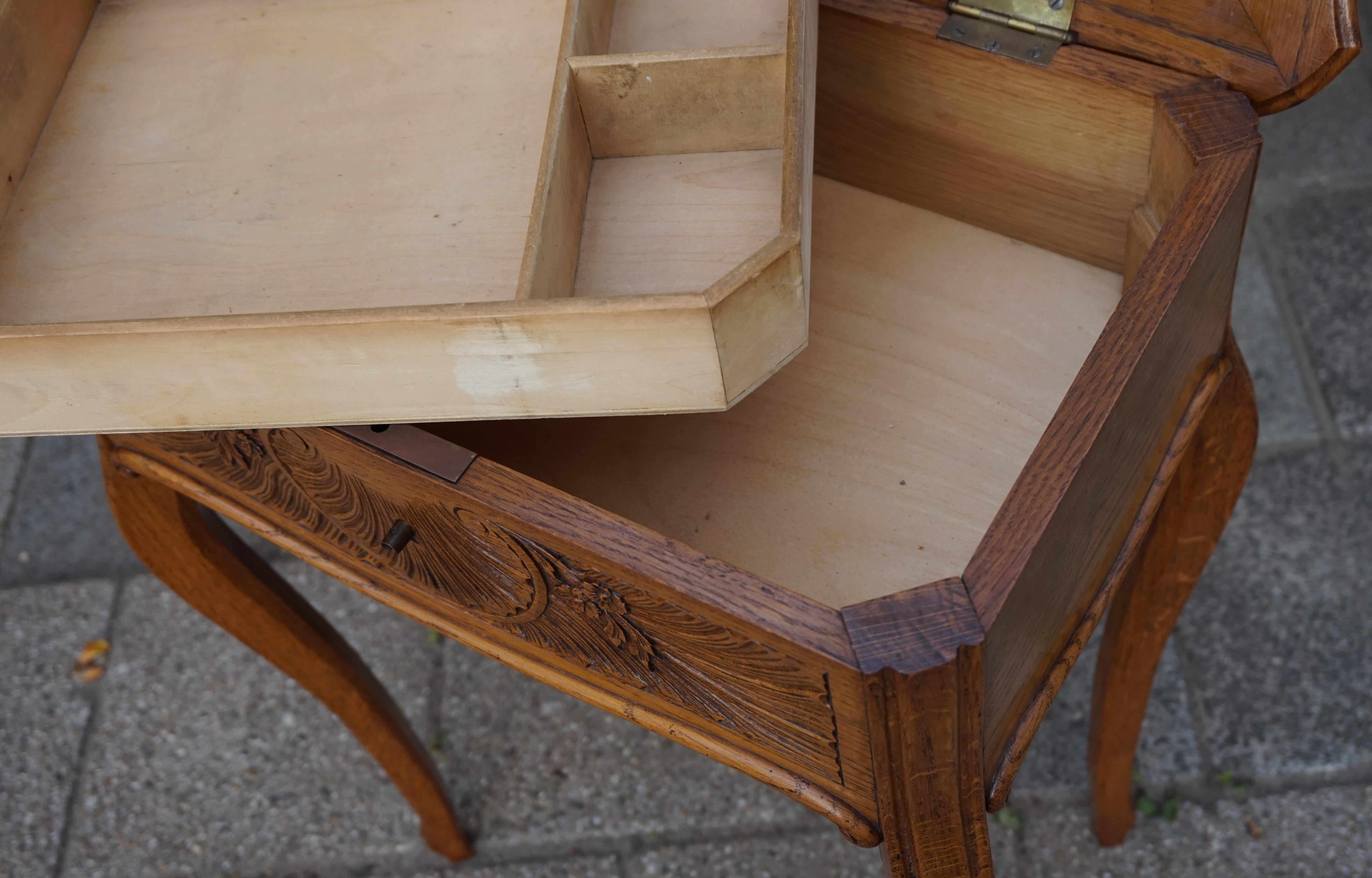 20th Century Antique Jewelry or Side Table with Geometric Inlay & Hand-Carved Shell & Flowers For Sale