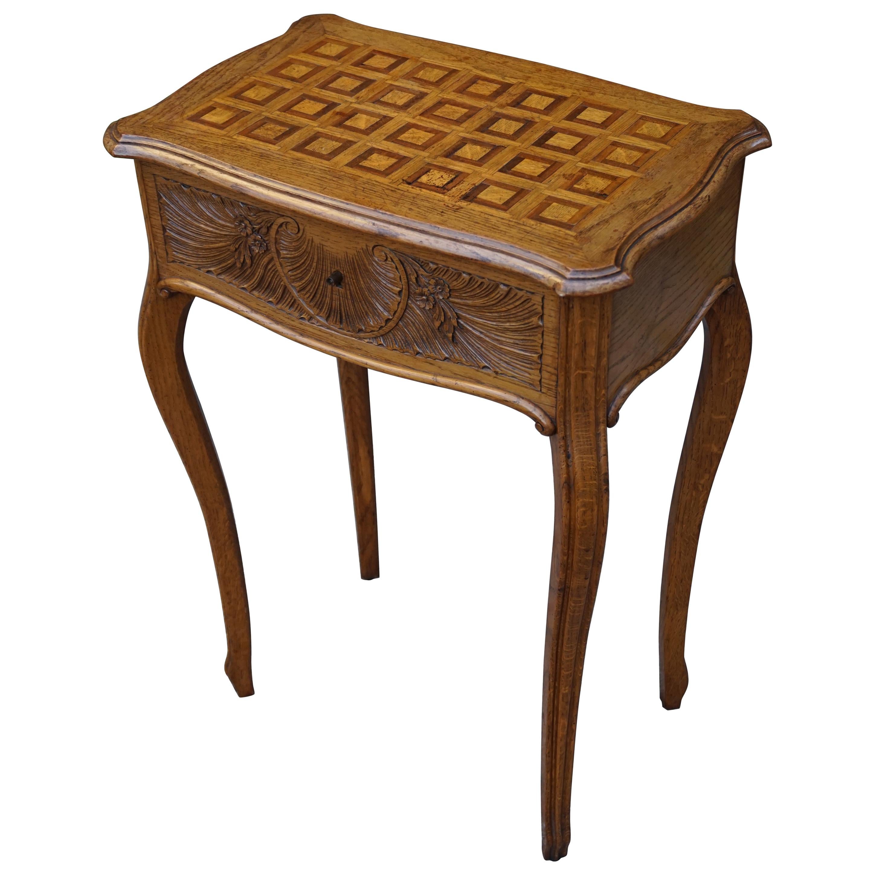 Antique Jewelry or Side Table with Geometric Inlay & Hand-Carved Shell & Flowers For Sale