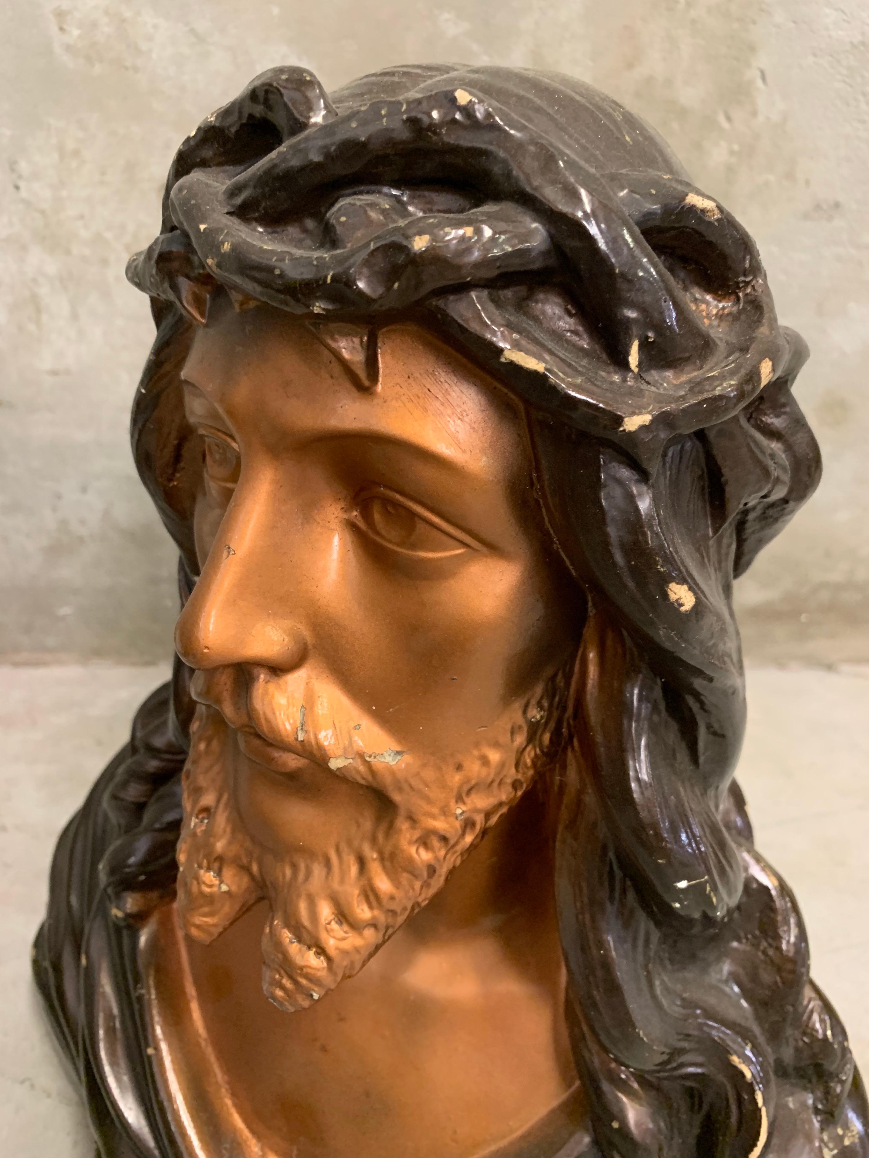 French Antique Jezus Bust by Jean Carli France 1920, Glazed Plaster