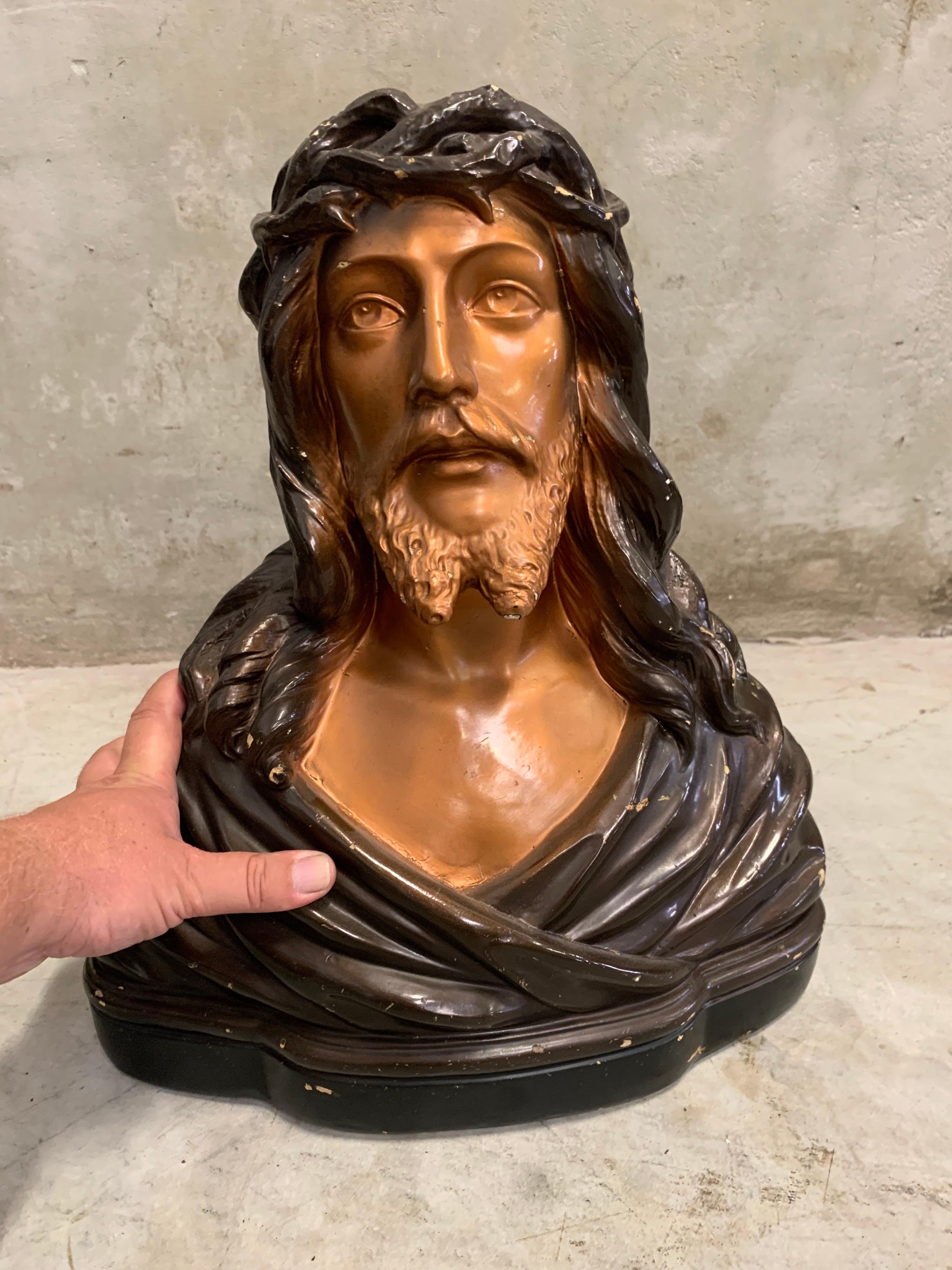 Antique Jezus Bust by Jean Carli France 1920, Glazed Plaster 1