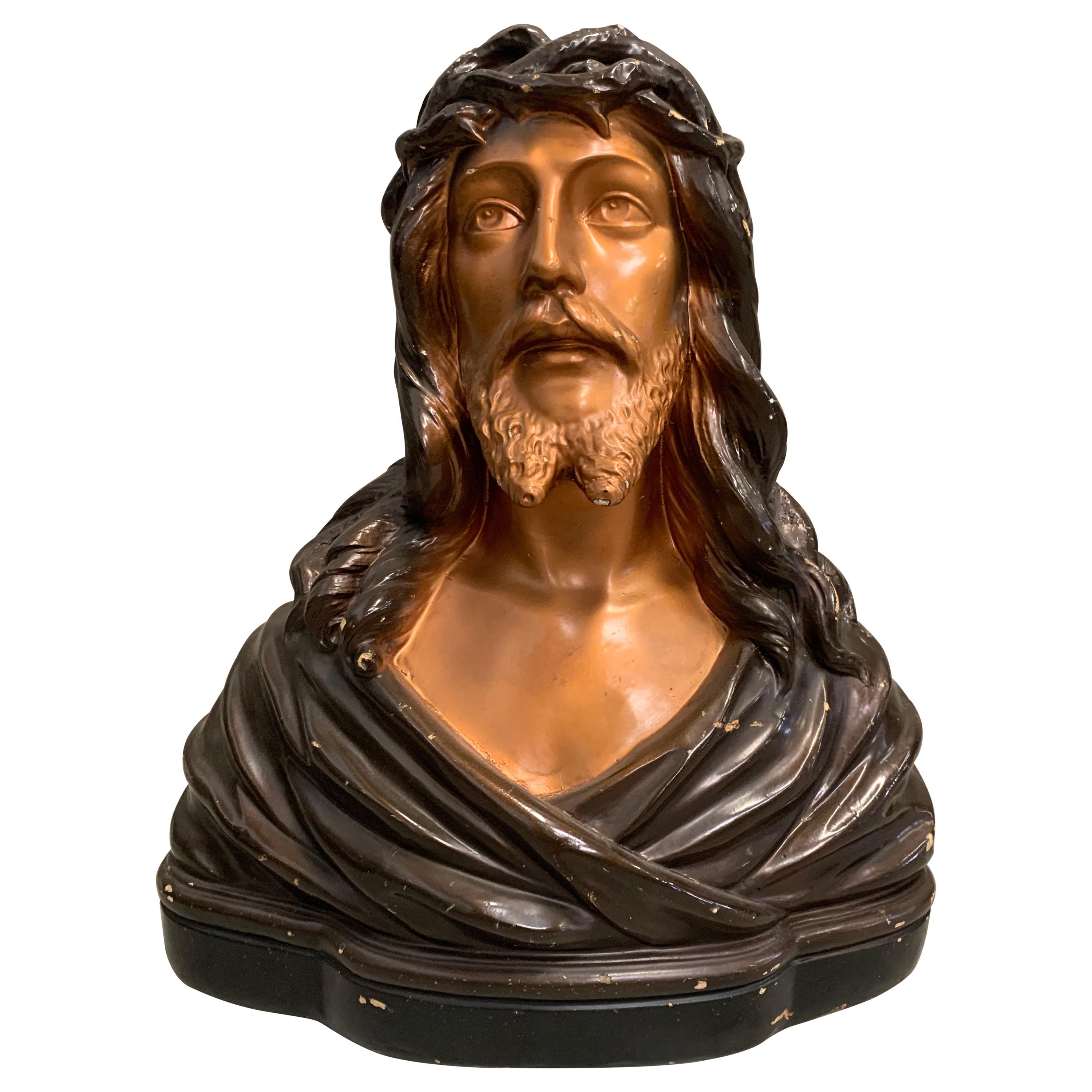 Antique Jezus Bust by Jean Carli France 1920, Glazed Plaster