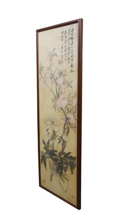 Antique Jiang Jun Chinese Peony Peach Blossom Watercolor on Silk Painting 44"