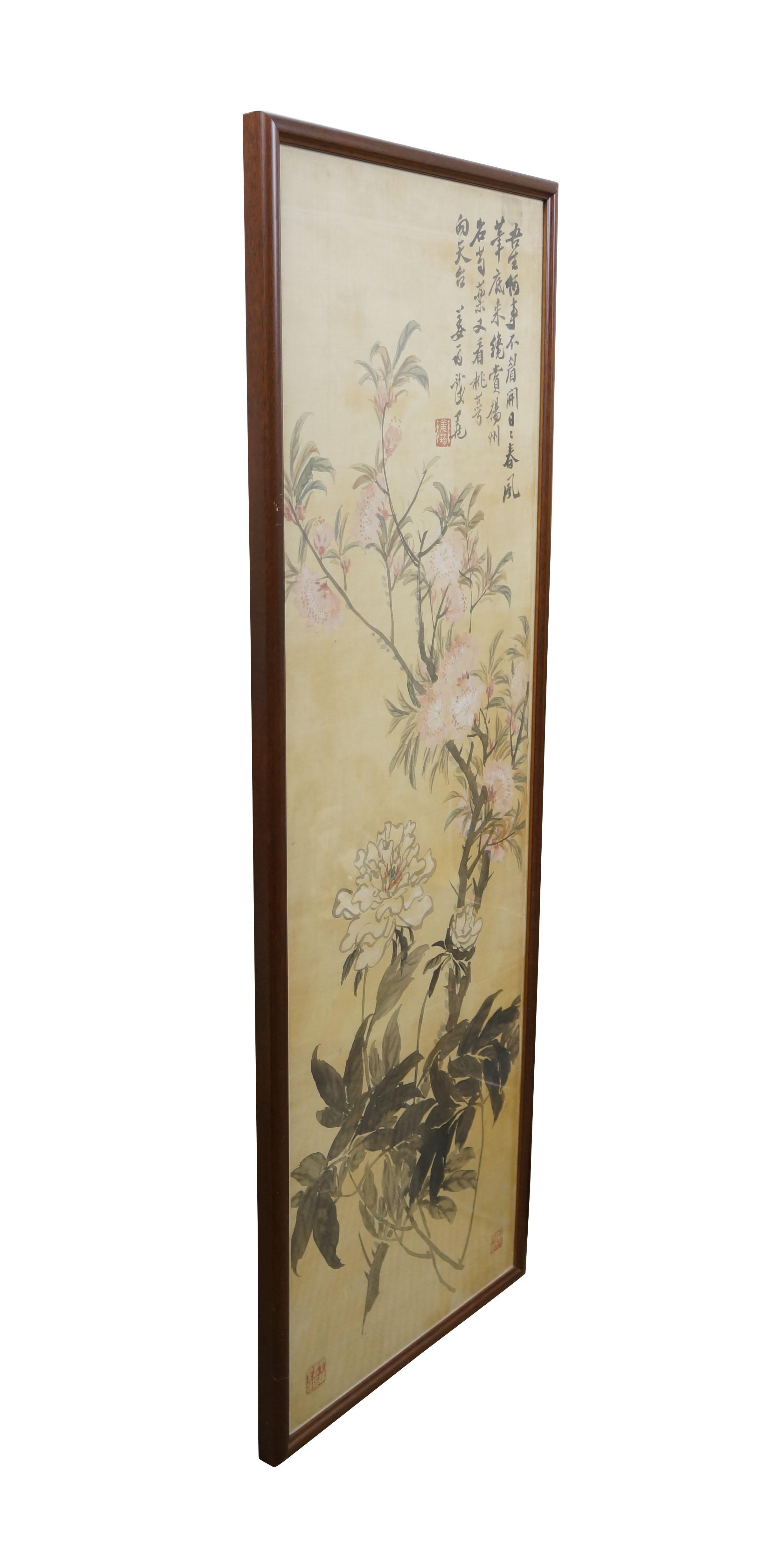 Chinoiserie Antique Jiang Jun Chinese Peony Peach Blossom Watercolor on Silk Painting 44