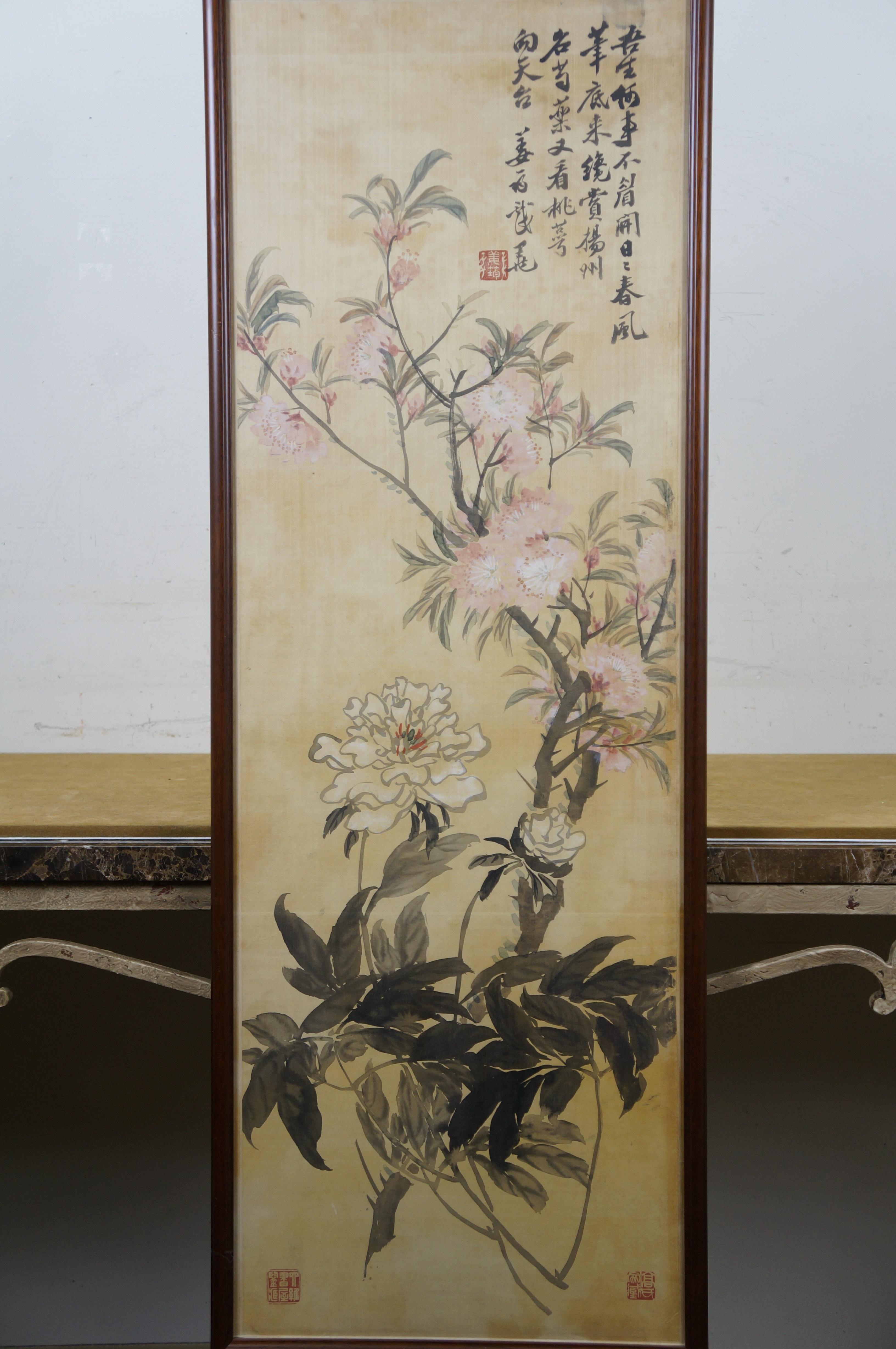 Antique Jiang Jun Chinese Peony Peach Blossom Watercolor on Silk Painting 44
