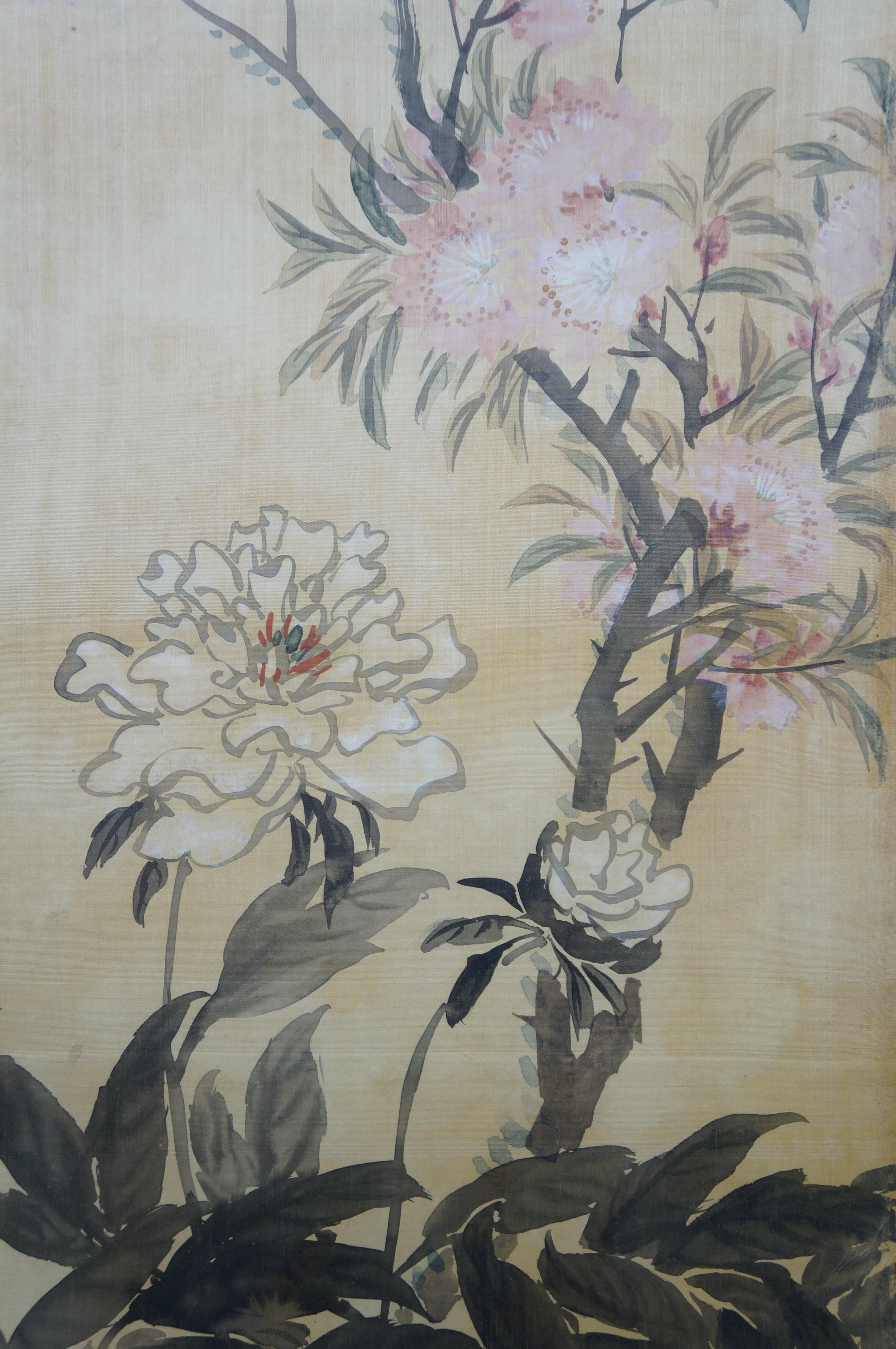 Antique Jiang Jun Chinese Peony Peach Blossom Watercolor on Silk Painting 44
