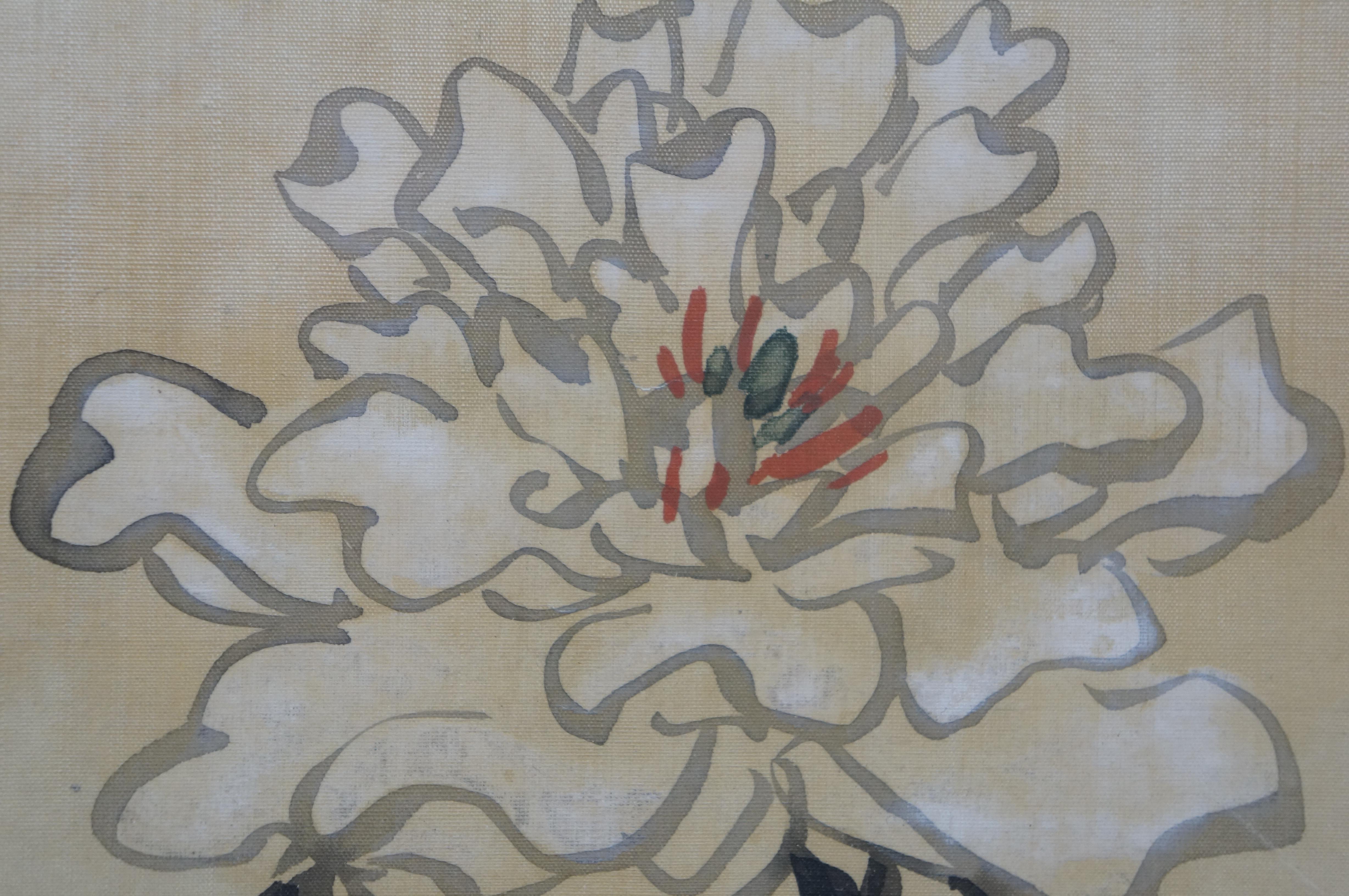 Antique Jiang Jun Chinese Peony Peach Blossom Watercolor on Silk Painting 44