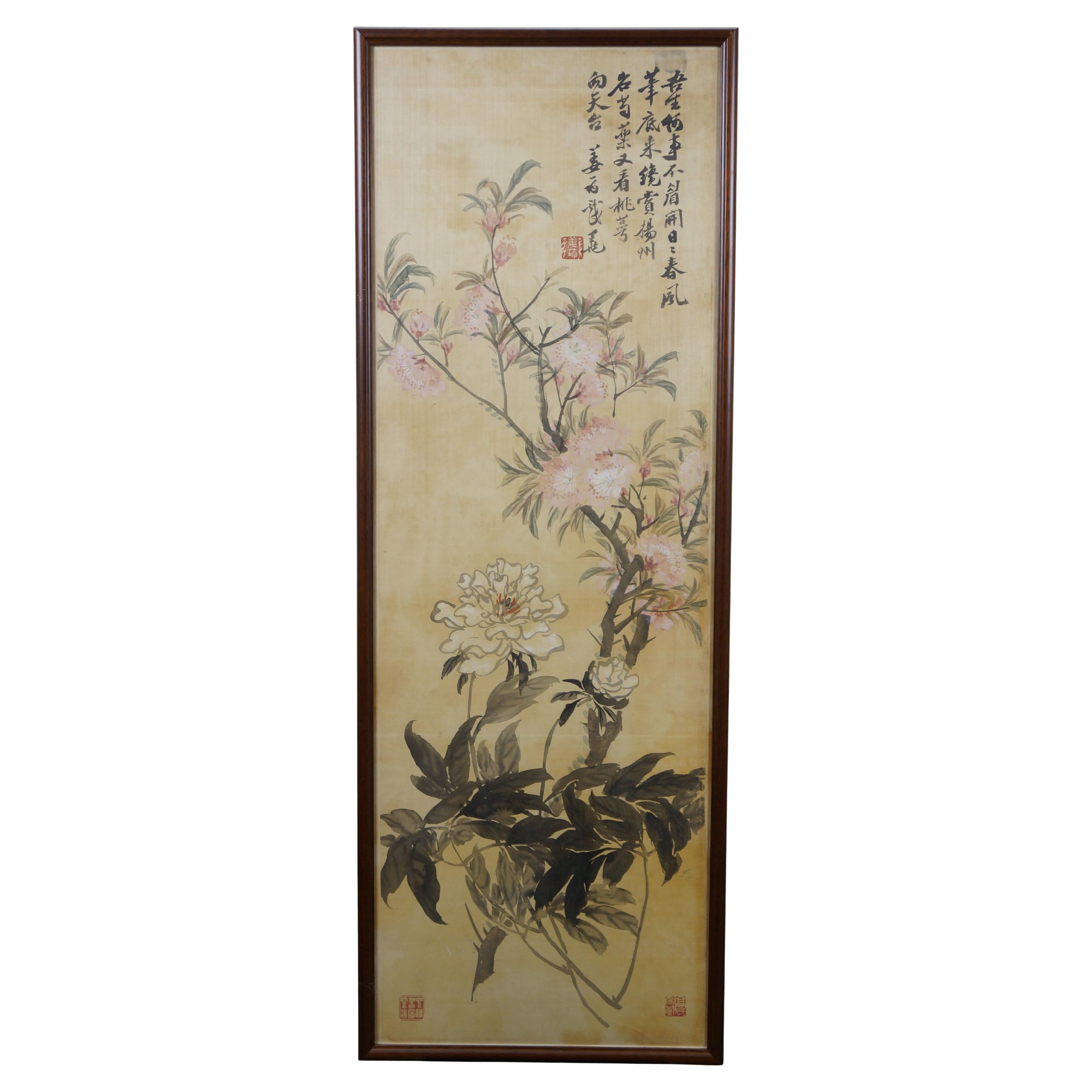 Antique Jiang Jun Chinese Peony Peach Blossom Watercolor on Silk Painting 44"