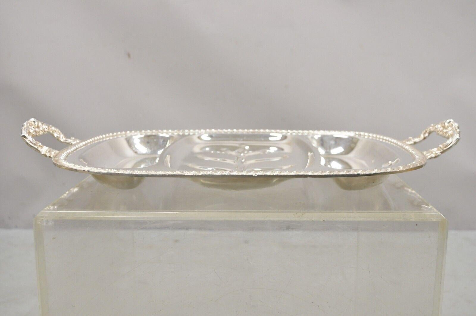 Antique JLS EPC silver plated Victorian cutlery meat tray serving platter. Item features cutlery sections, ornate twin handles, original stamp, very nice antique item, quality craftsmanship, great style and form. Circa early to mid 20th century.