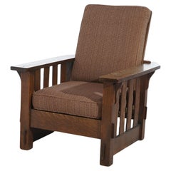 Antique JM Young School Arts & Crafts Mission Oak Slat Side Morris Chair