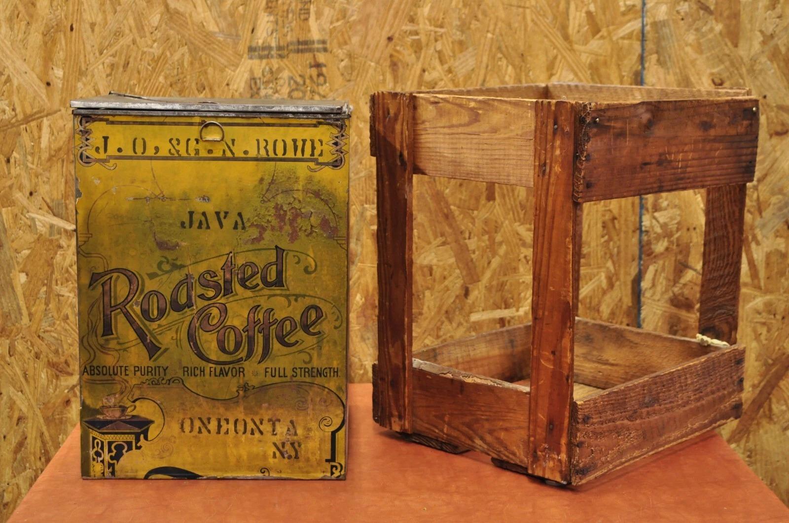 Antique J.O. & G.N. Rowe Co Oneonta, NY Yellow Tin Coffee Hopper Store Spice Bin in Wooden Crate. Circa Early 20th Century. Measurements: 17