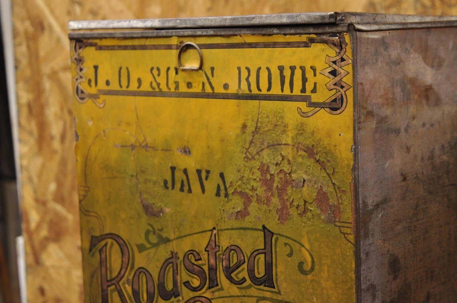 Antique J.O. & G.N. Rowe Co Oneonta, NY Yellow Tin Coffee Hopper Store Spice Bin For Sale 1