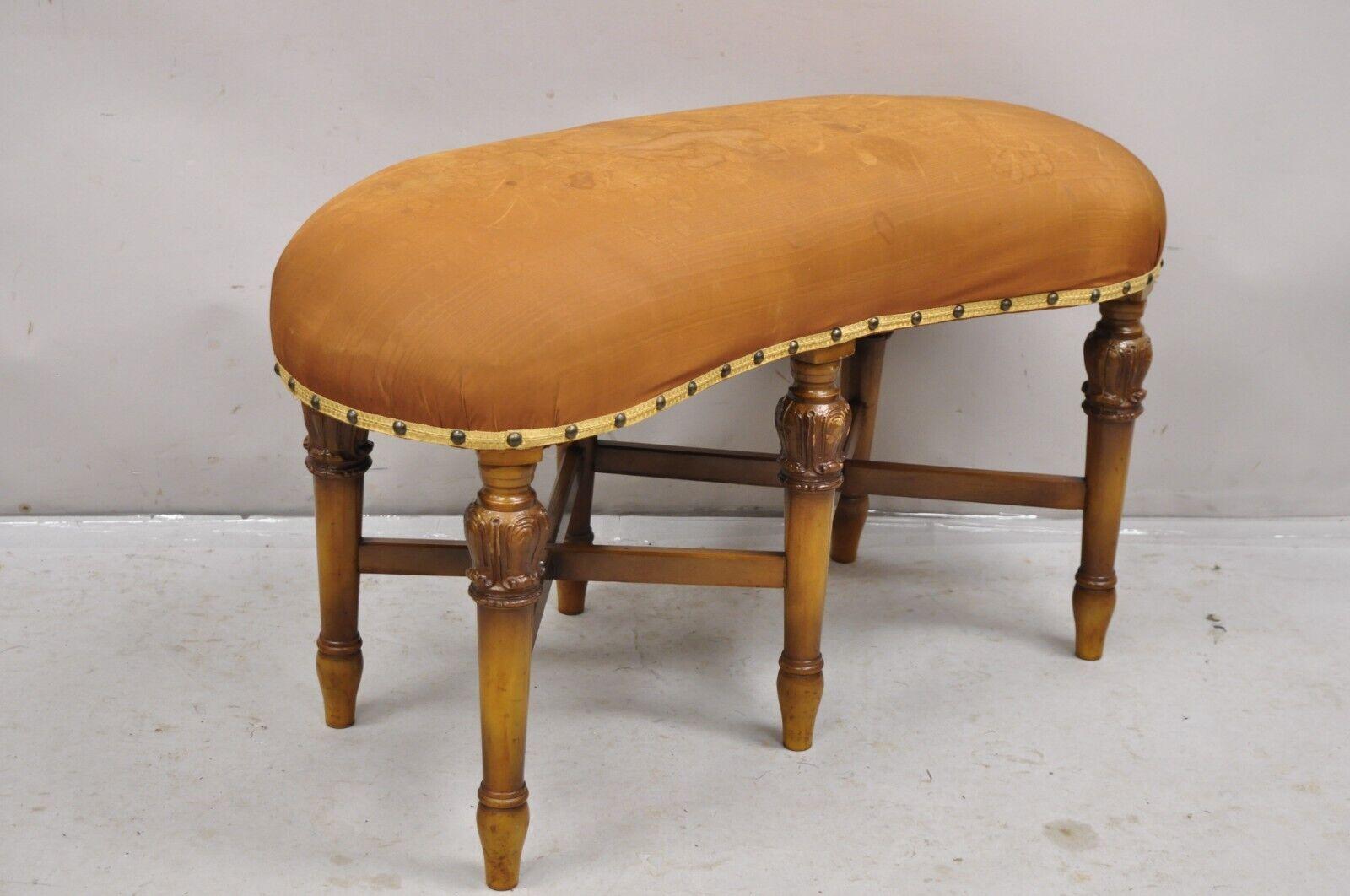 Antique Joerns Bros Kidney Bean 6 Leg French Provincial Vanity Bench Seat. Item features a carved stretcher base, brown painted finish, tapered legs, upholstered seat, very nice vintage item. Circa Early 20th Century. Measurements: 20