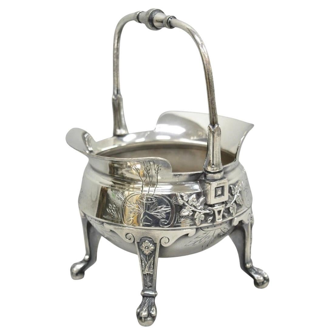 Antique John Carrow English Regency Silver Plated Paw Foot Etched Sugar Bowl For Sale