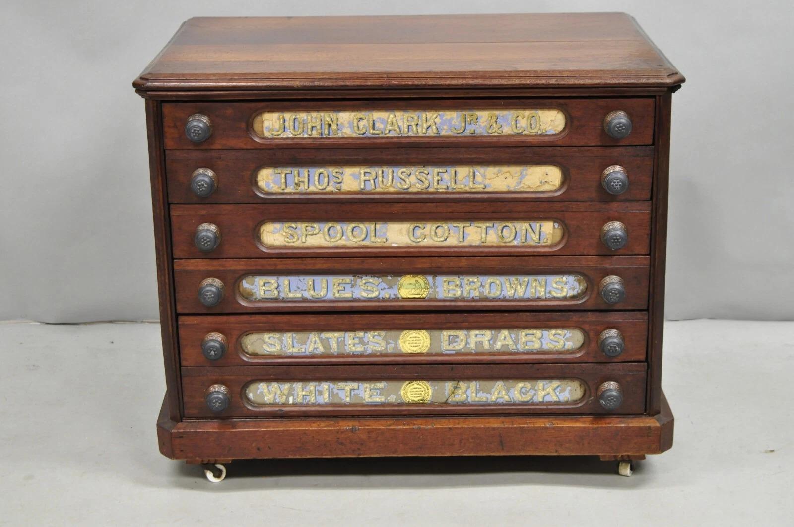 Antique John Clark Walnut 6 Drawer Sewing Spool Cabinet w Reverse Painted Glass For Sale 6