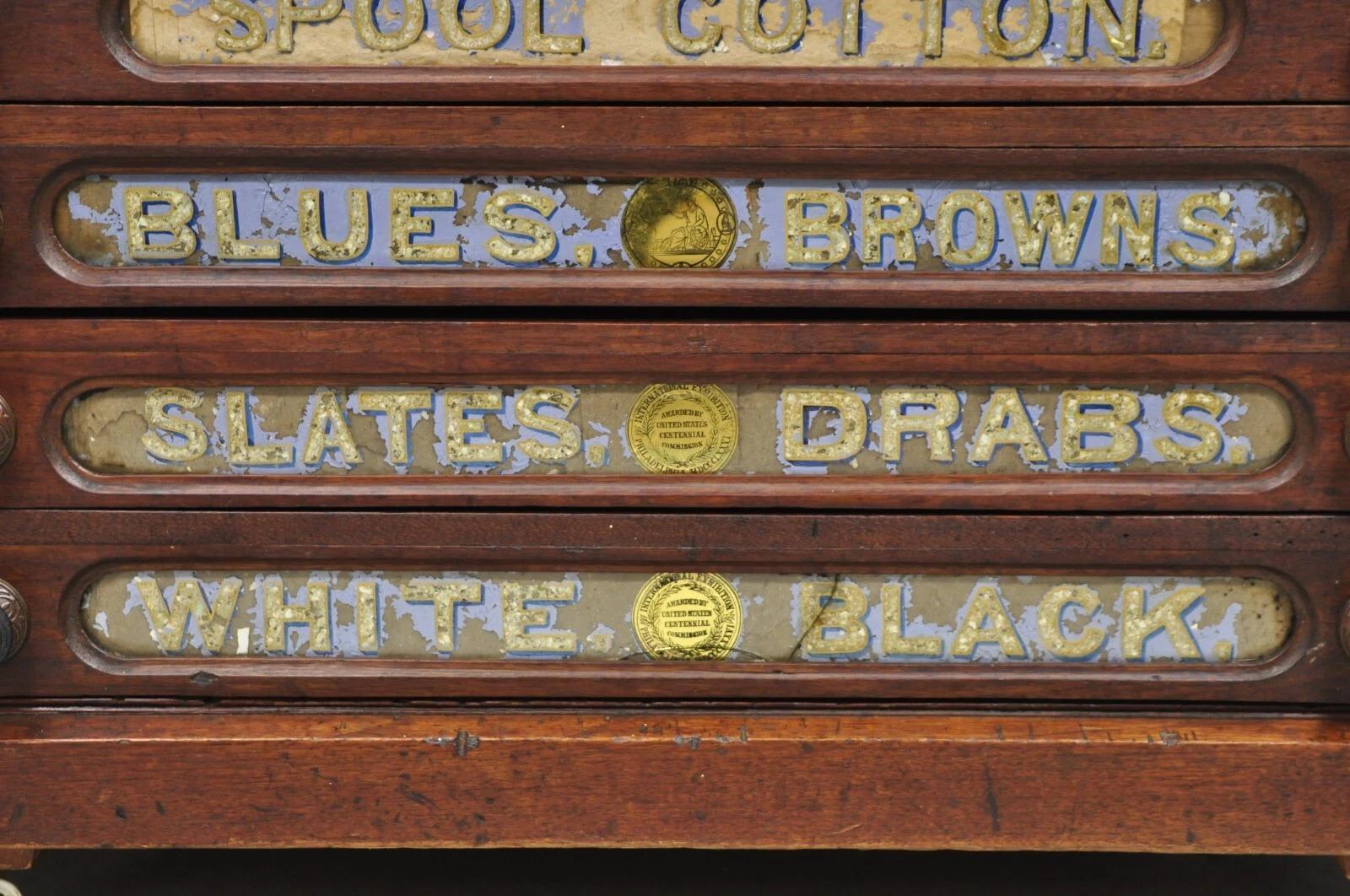 Unknown Antique John Clark Walnut 6 Drawer Sewing Spool Cabinet w Reverse Painted Glass For Sale