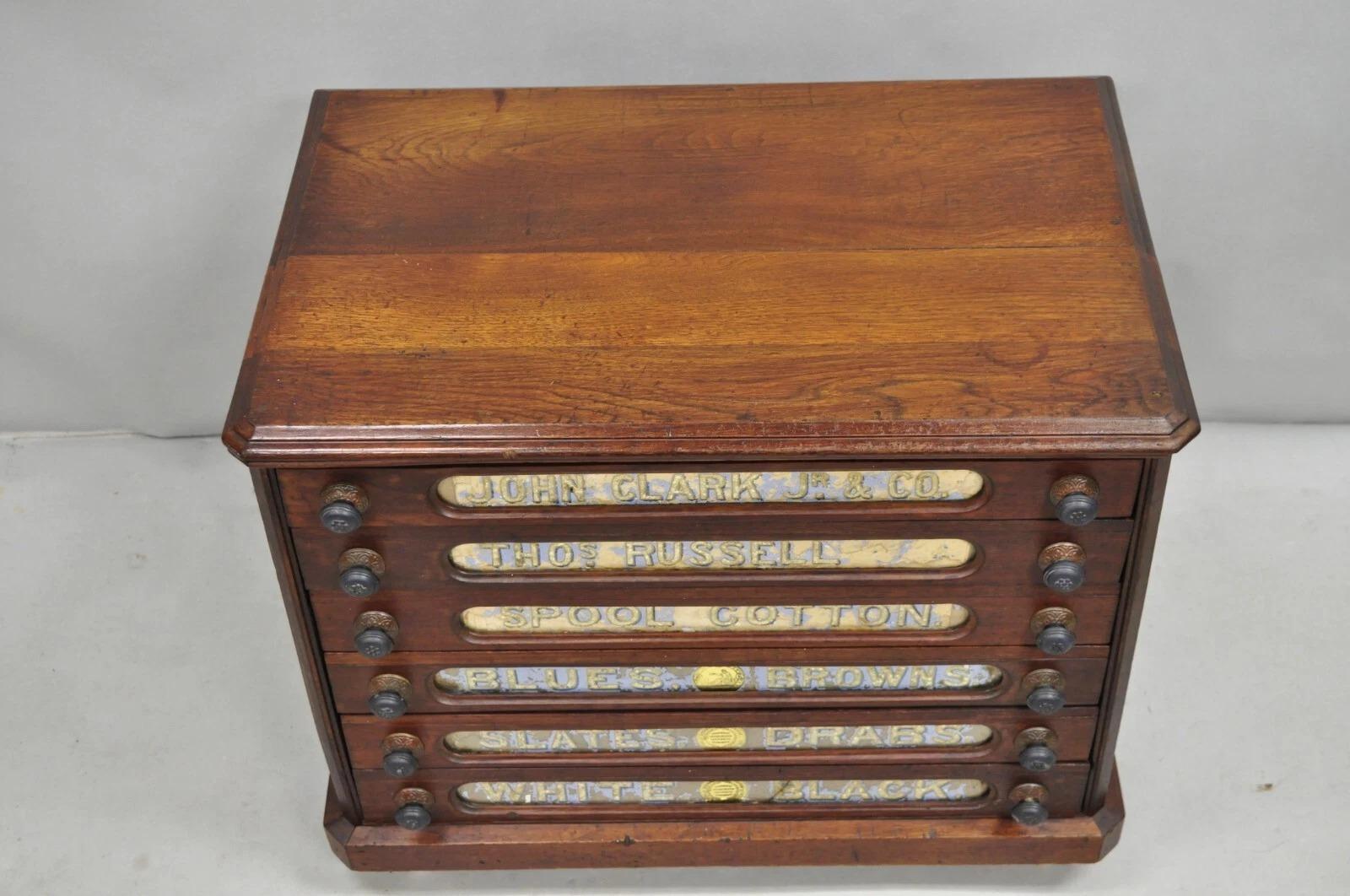 Antique John Clark Walnut 6 Drawer Sewing Spool Cabinet w Reverse Painted Glass In Good Condition For Sale In Philadelphia, PA