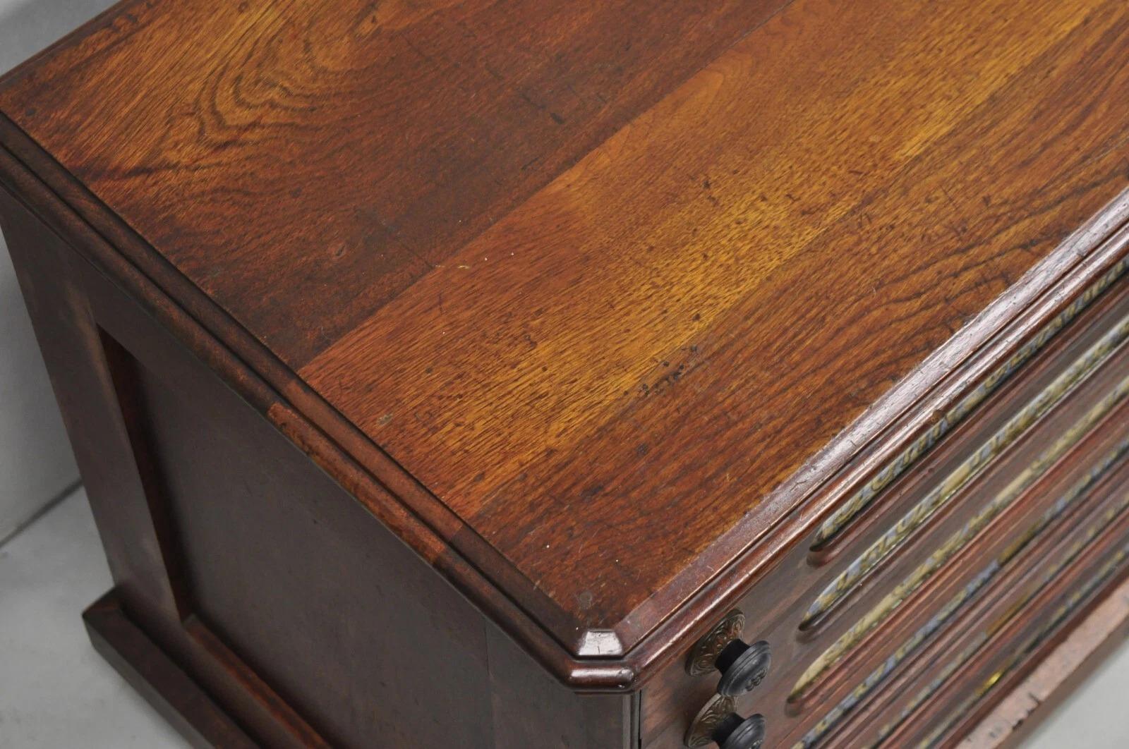20th Century Antique John Clark Walnut 6 Drawer Sewing Spool Cabinet w Reverse Painted Glass For Sale