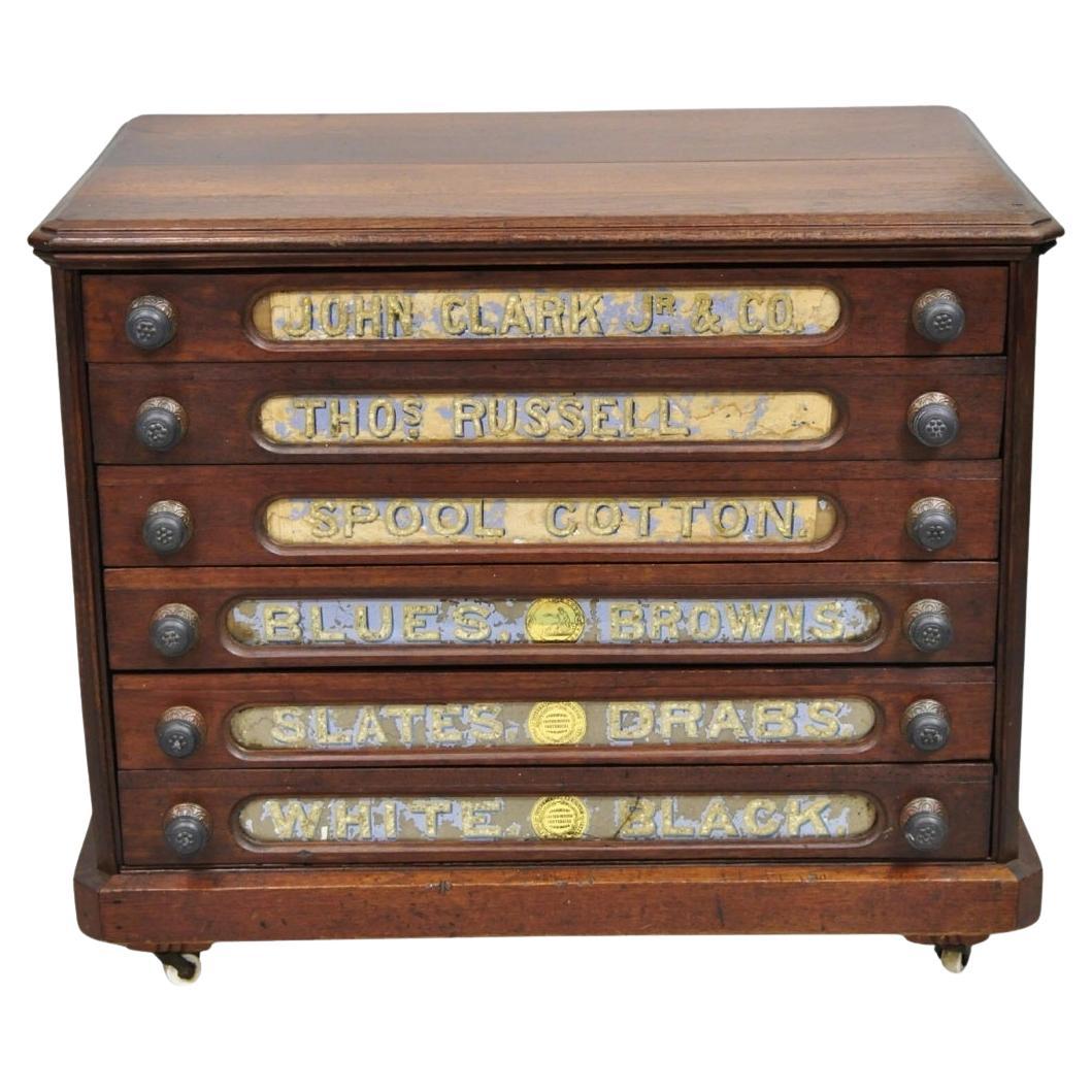 Antique John Clark Walnut 6 Drawer Sewing Spool Cabinet w Reverse Painted Glass For Sale