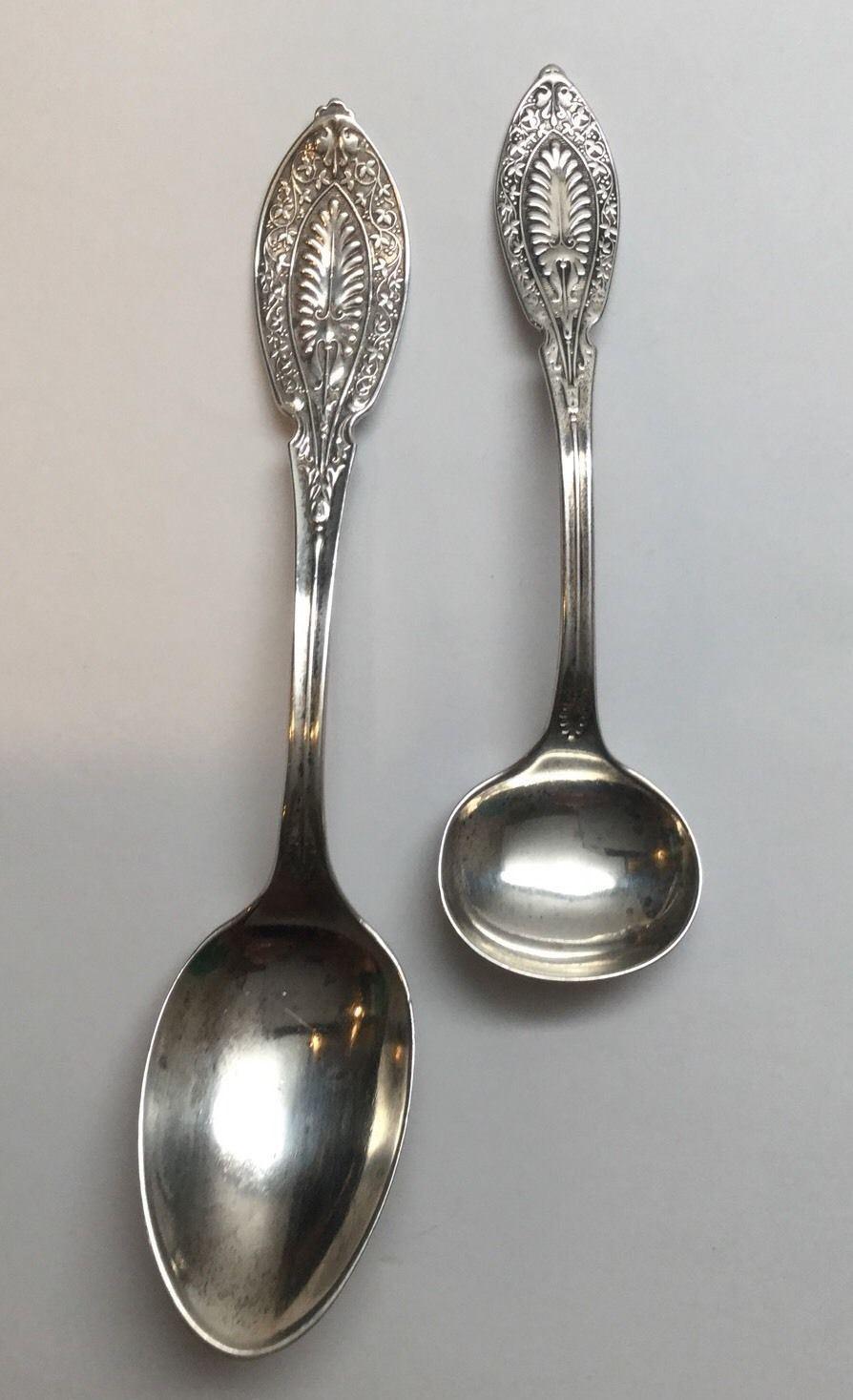 Antique Sterling silver John Polhamus 4 coffee spoons and a master salt spoon. 
Marked: JP PAT '74, STERLING. 
Monogrammed: Appears to be M or W. Coffee: 4 3/4