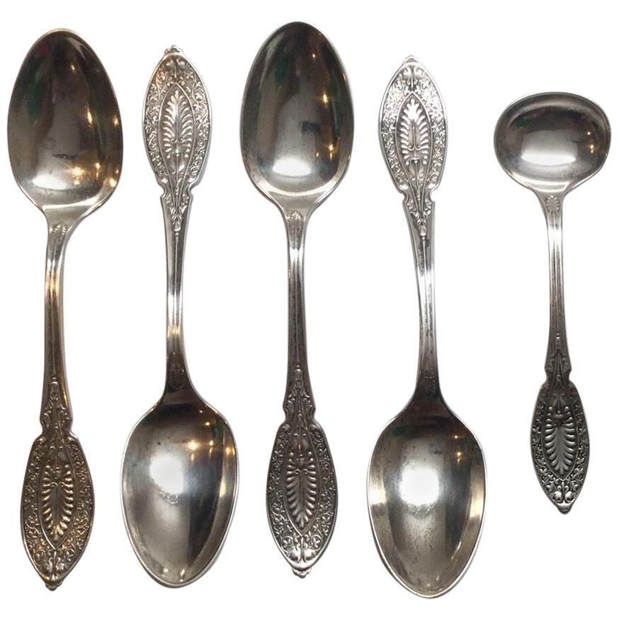 Antiguo John Polhamus Plata de Ley 4 Cucharas de Café y Cuchara de Sal Maestra, 1874