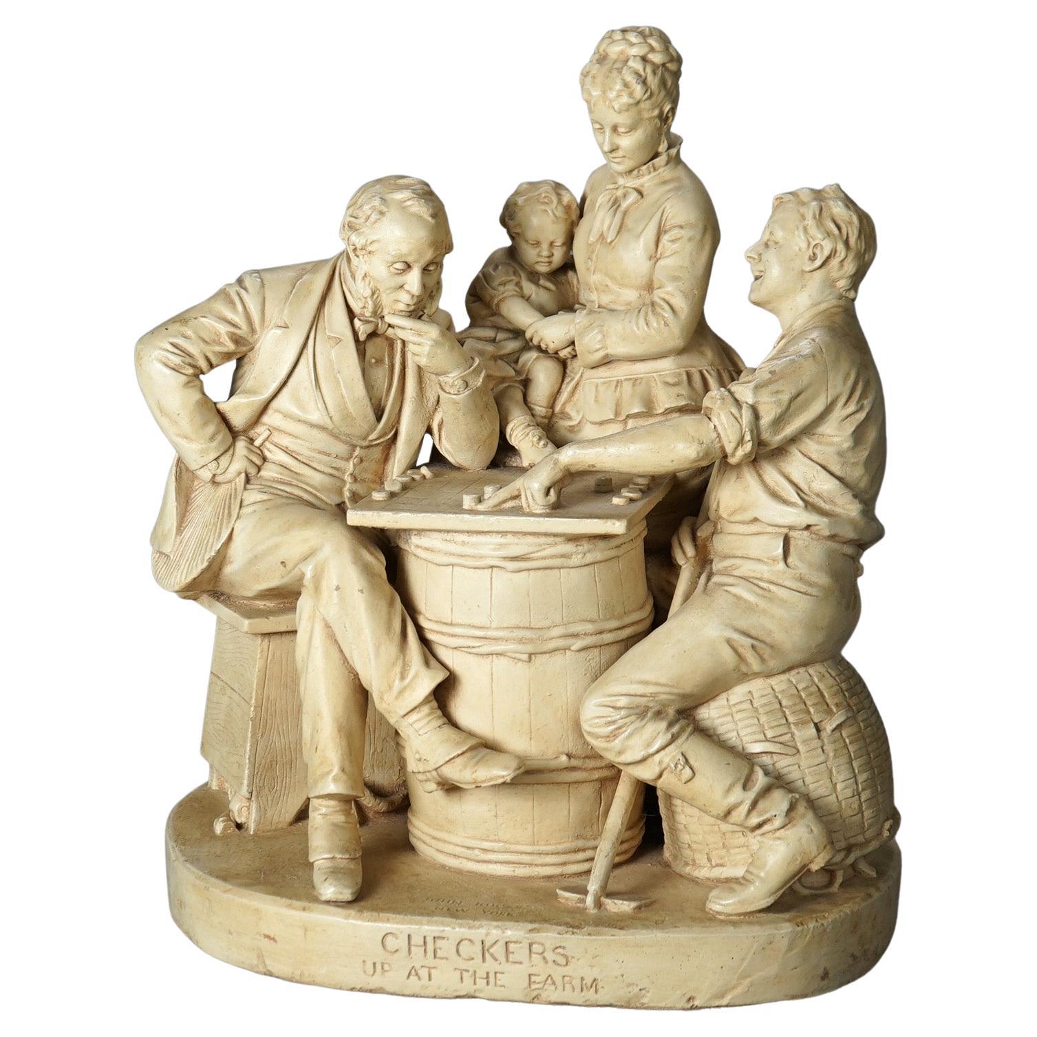 Antique John Rogers Sculptural Group "Chess", 19th Century For Sale