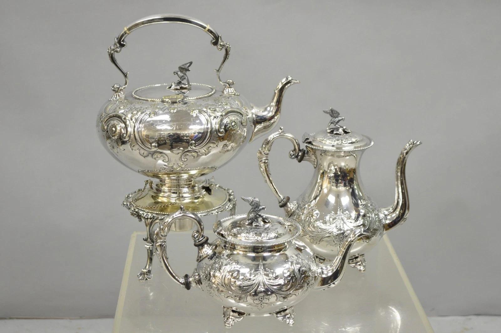Juego de Té Antiguo John Turton Sheffield Inglaterra Victoriano Plateado Floral Grabado de 7 Piezas con Bandeja de Pie Grande 