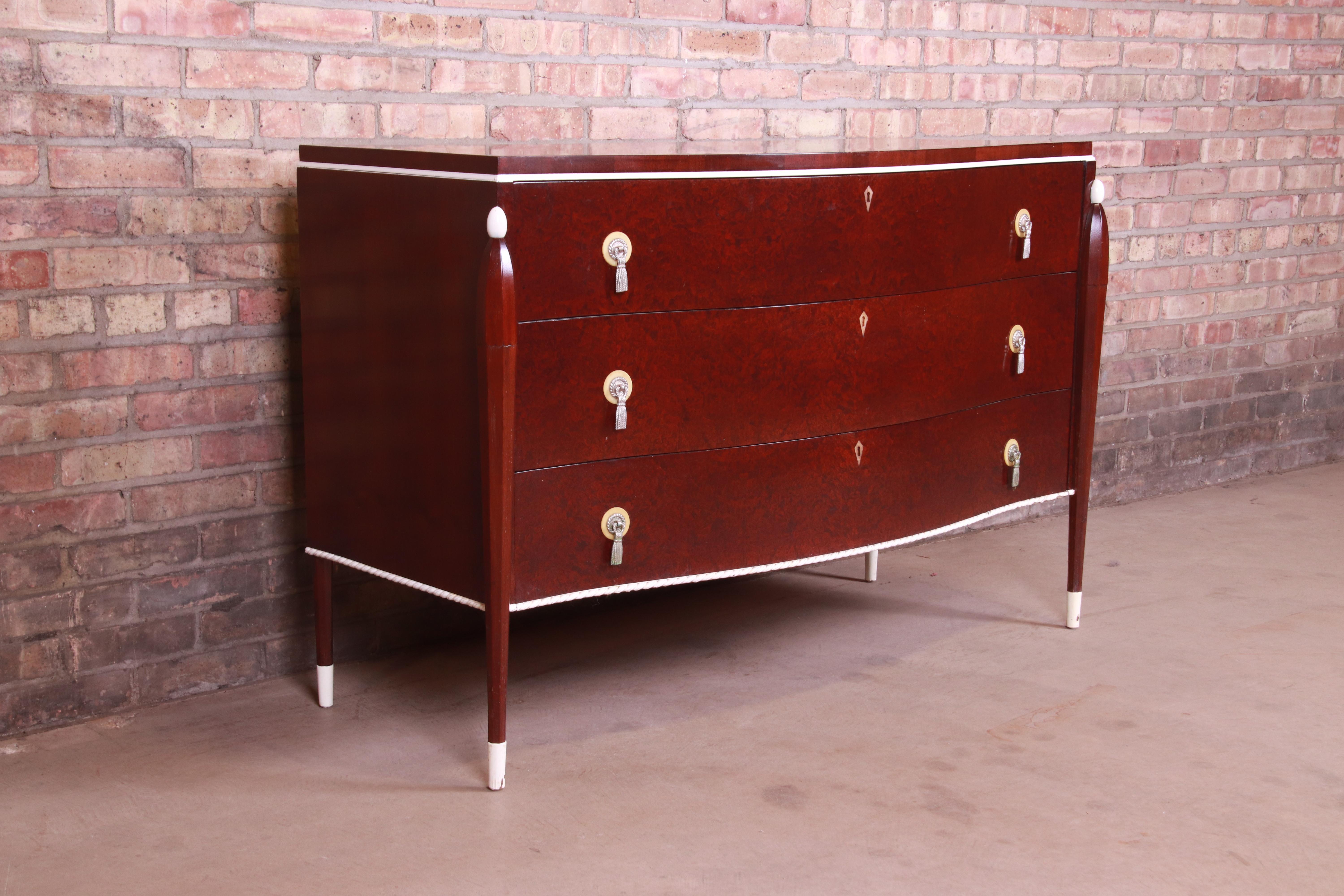 Early 20th Century Antique John Widdicomb Art Deco Burl Wood Chest of Drawers, Circa 1920s For Sale