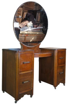 Antique Johnson Carper Walnut Art Deco Mirrored Vanity Dresser Dressing Table