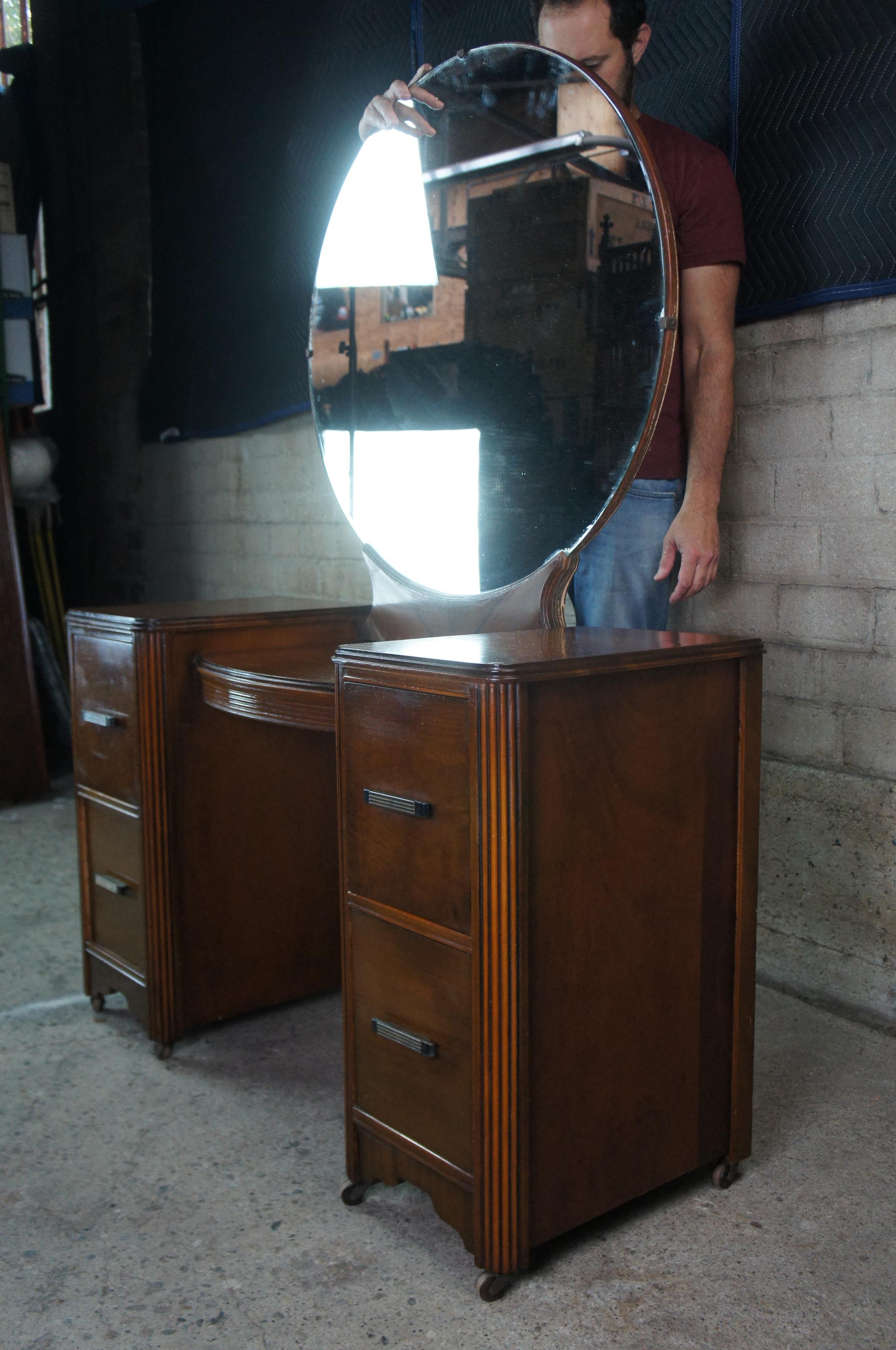 20th Century Antique Johnson Carper Walnut Art Deco Mirrored Vanity Dresser Dressing Table 