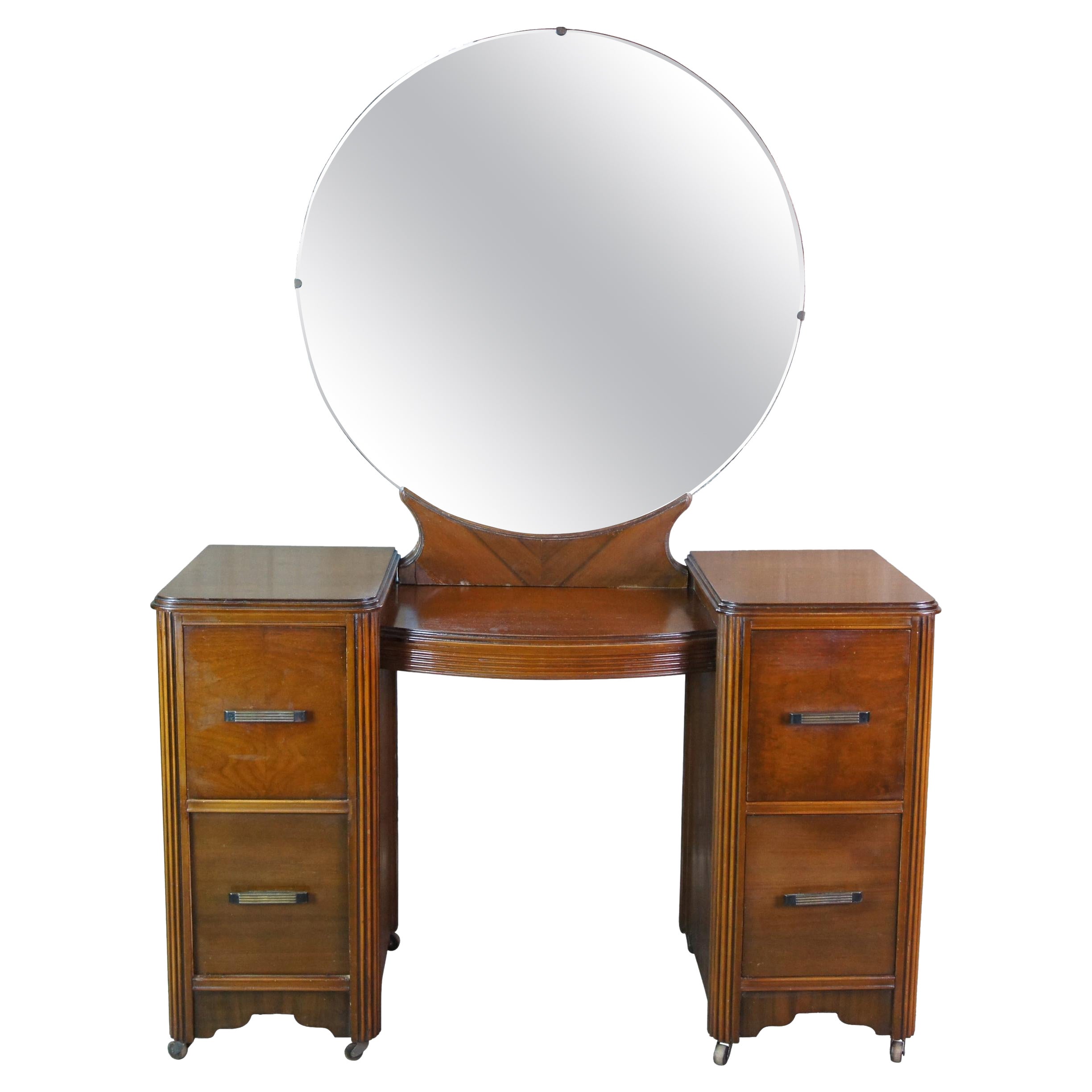 Antique Johnson Carper Walnut Art Deco Mirrored Vanity Dresser Dressing Table