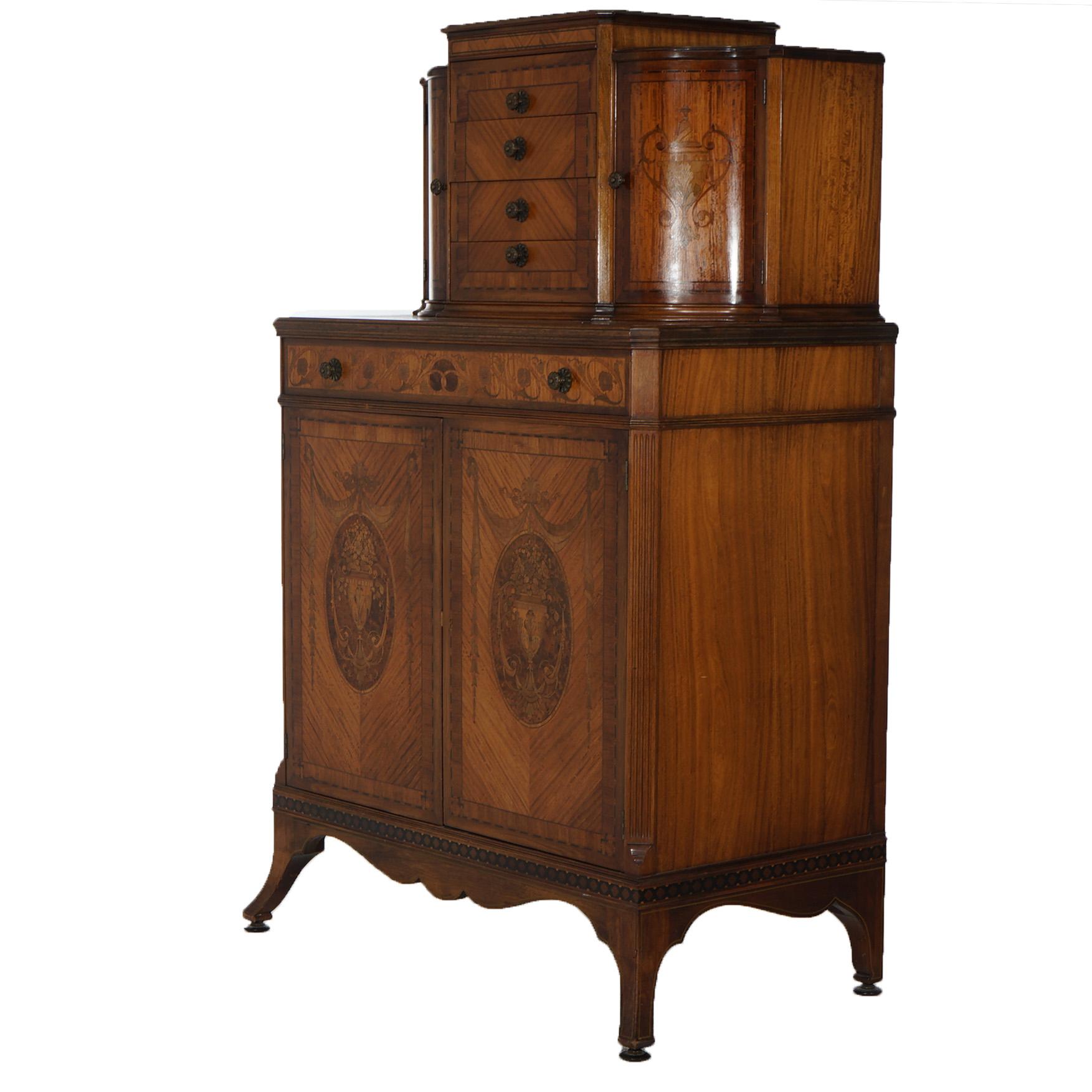 Inlay Antique Johnson Furniture Co. Satinwood & Mahogany Marquetry Chifferobe Dresser For Sale