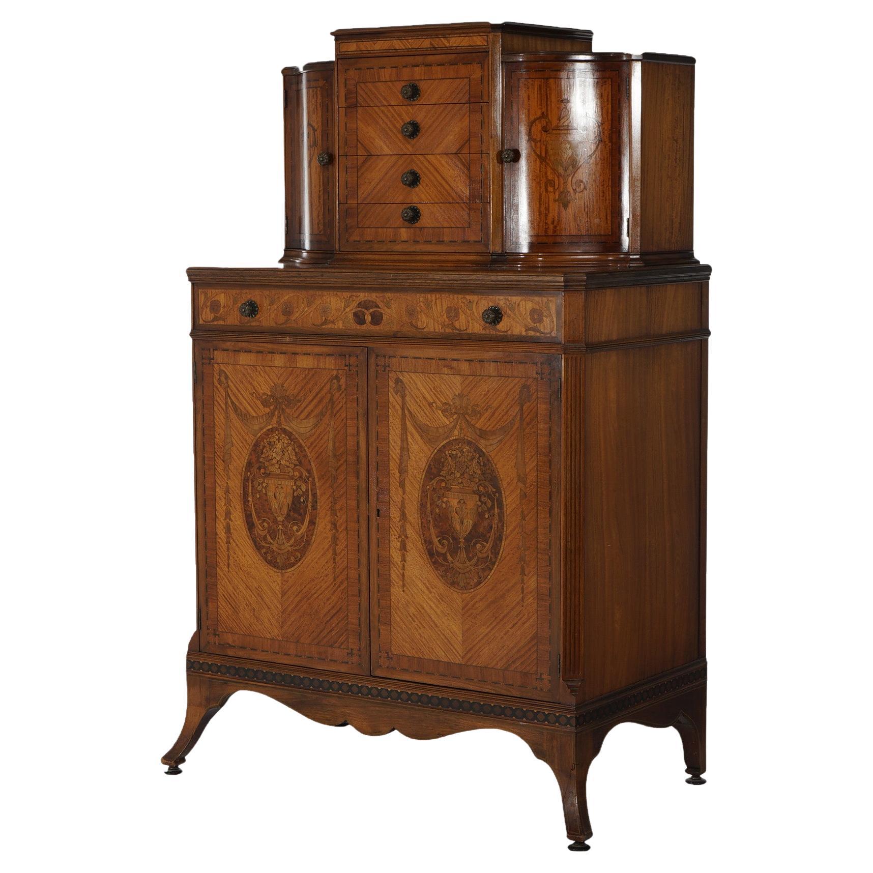 Antique Johnson Furniture Co. Satinwood & Mahogany Marquetry Chifferobe Dresser For Sale