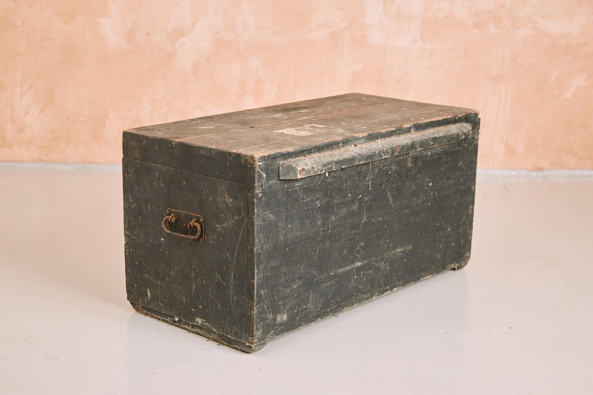 Mid-19th Century Antique Joiners Chest, Pine Trunk, Charcoal Black, 1850s For Sale