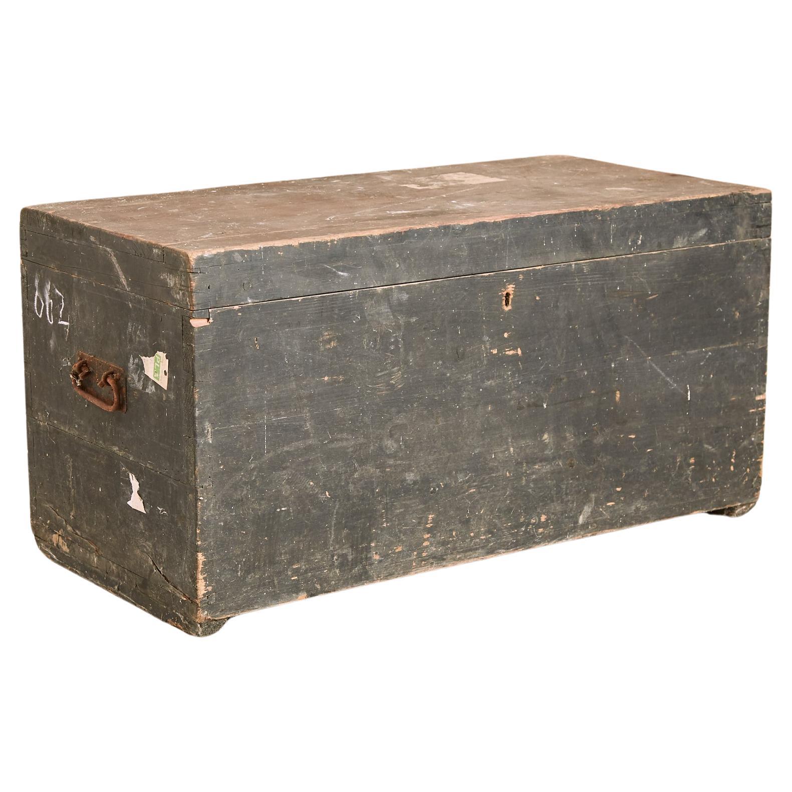 Antique Joiners Chest, Pine Trunk, Charcoal Black, 1850s For Sale