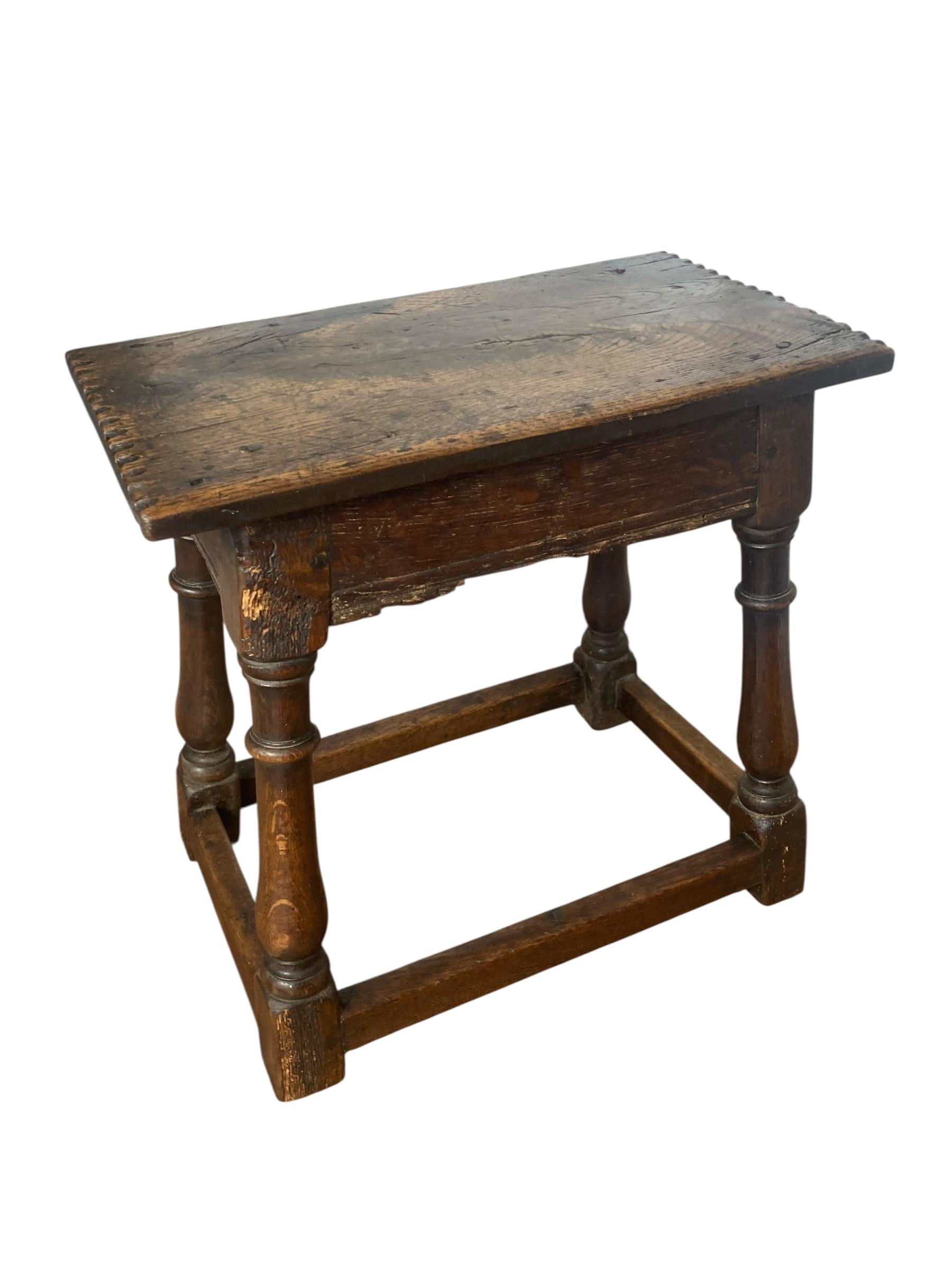 Antique joint stool, English, oak, Victorian Jacobean revival stool dating to the turn of the 20th century, circa 1900.
Single plank top in English oak with moulded edge detail raised on stout, ring turned baluster legs. Pegged joints in a very