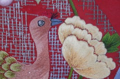 Antique Joseon Dynasty Embroidered Silk Textile Floral Bird Vase Calligraphy 31"