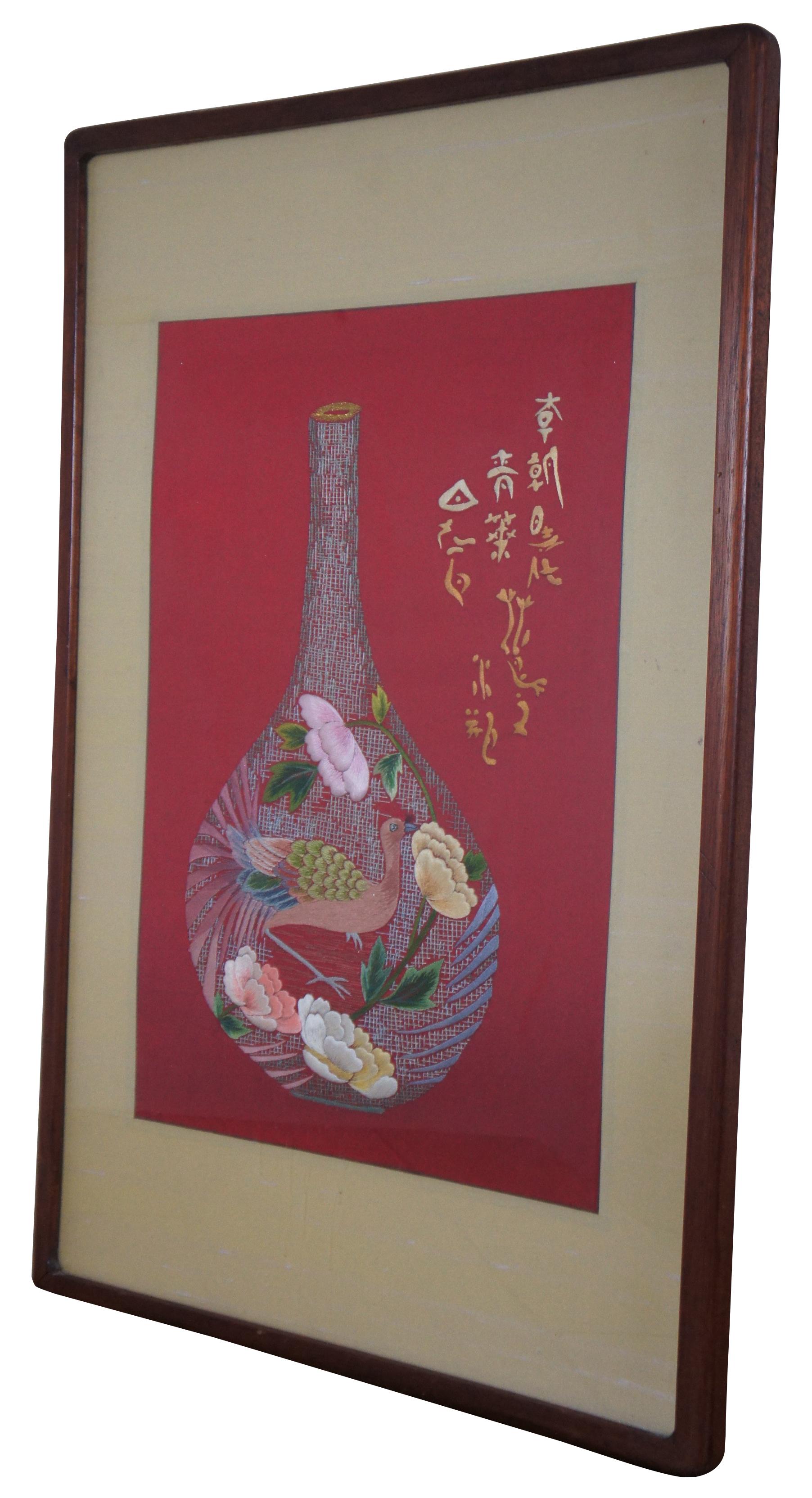 Antike Joseon Dynasty bestickt Seide Textil Blumen Vogel Vase Kalligraphie 31