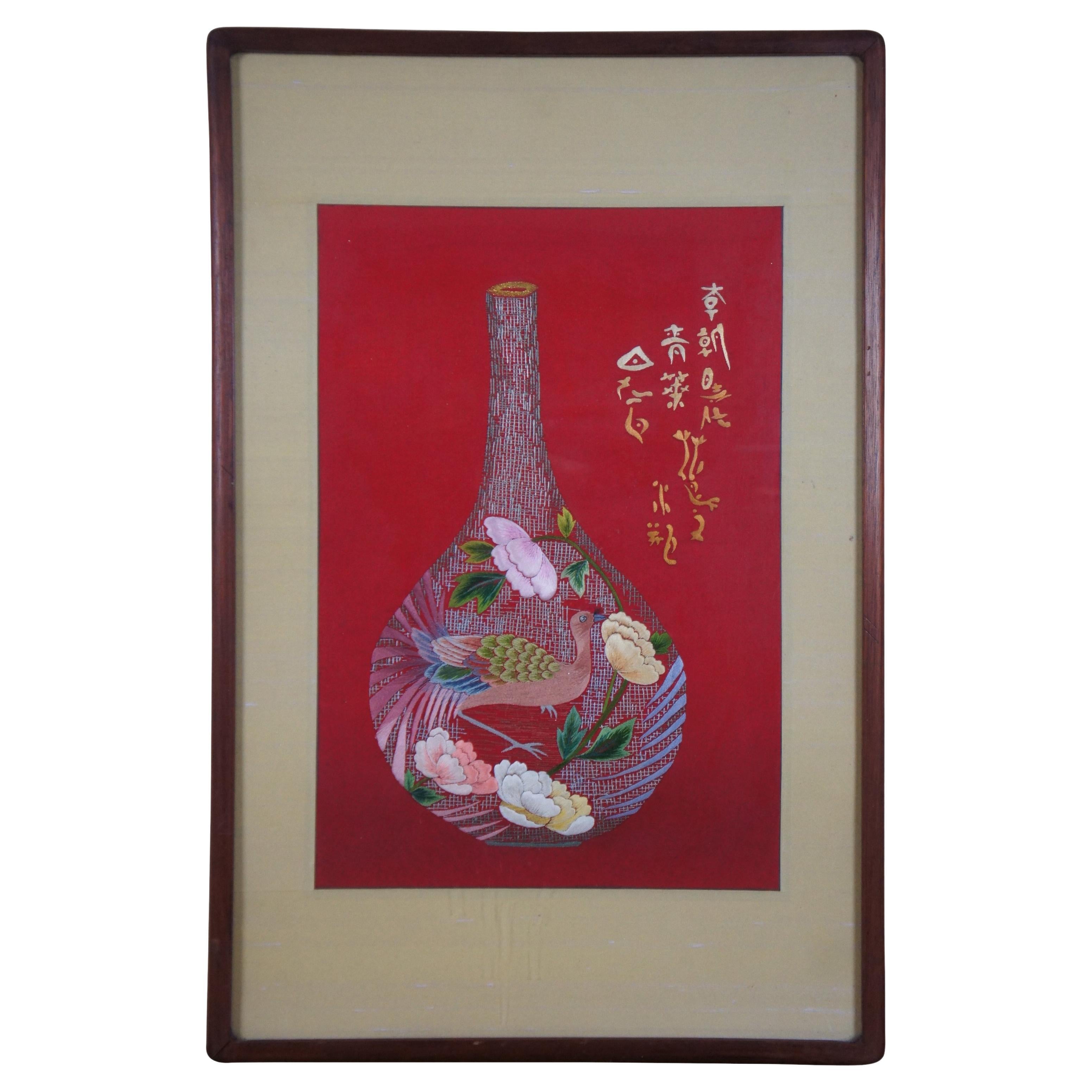 Antike Joseon Dynasty bestickt Seide Textil Blumen Vogel Vase Kalligraphie 31" im Angebot