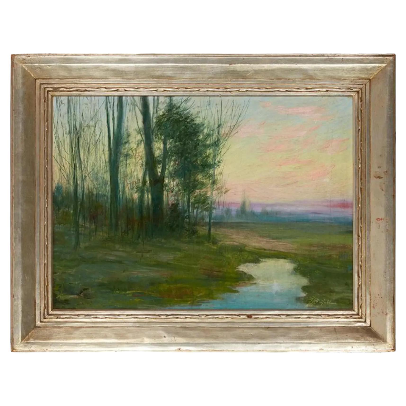 Antique Joseph Henry Hatfield Stream in a Landscape Oil Painting
