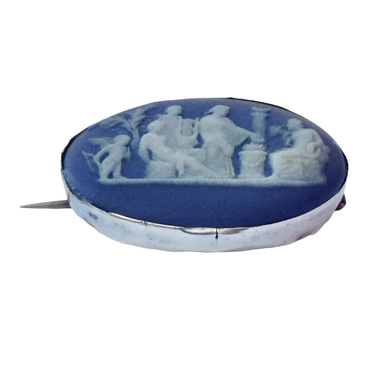 Women's Antique Josiah Wedgwood Sterling Silver and Cobalt Blue Jasperware Brooch For Sale