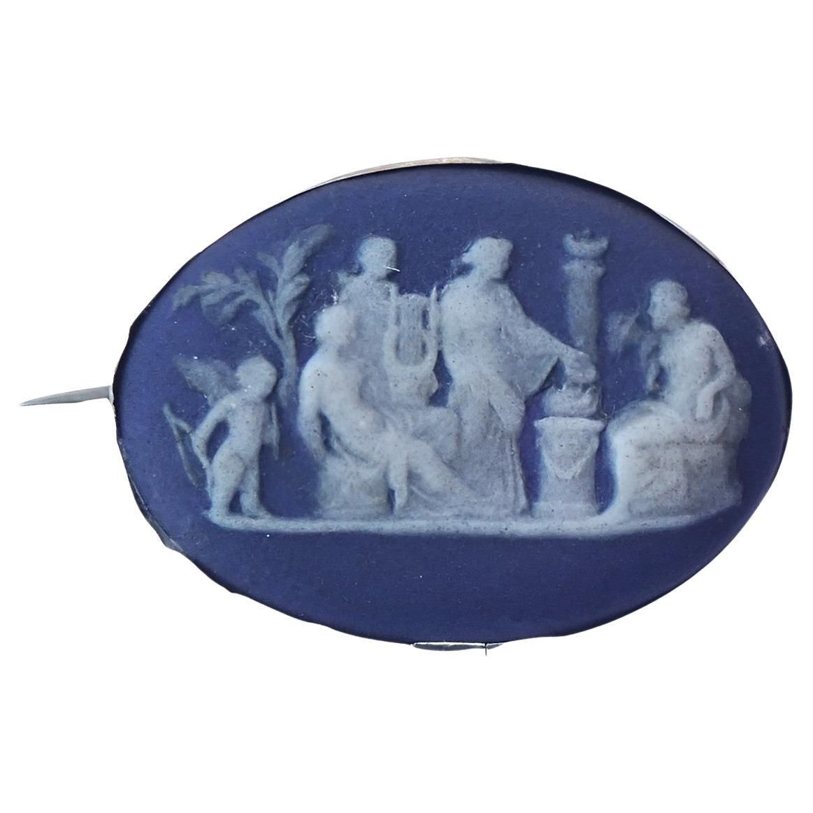 Antique Josiah Wedgwood Sterling Silver and Cobalt Blue Jasperware Brooch
