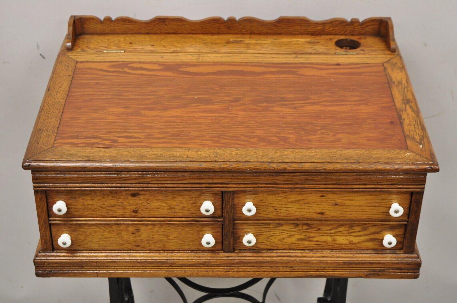 Antique J&P Coats Oak Wood 4 Drawer Sewing Spool Cabinet Desk W/ Cast Iron Base 5