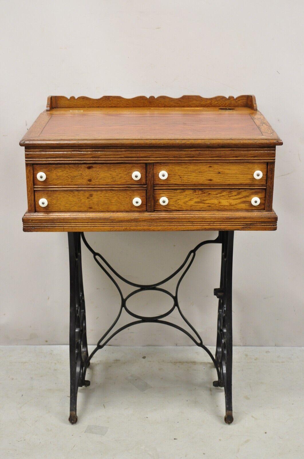 Antique J&P Coats Oak Wood 4 Drawer Sewing Spool Cabinet Desk w/ Cast Iron Base. Item features custom vintage conversion, upper is an original J&P Coats 