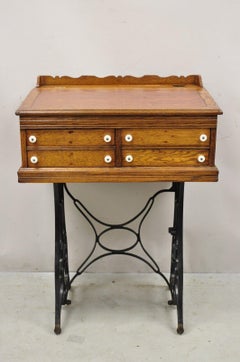 Antique J&P Coats Oak Wood 4 Drawer Sewing Spool Cabinet Desk W/ Cast Iron Base