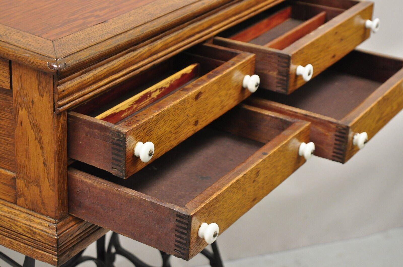 19th Century Antique J&P Coats Oak Wood 4 Drawer Sewing Spool Cabinet Desk W/ Cast Iron Base