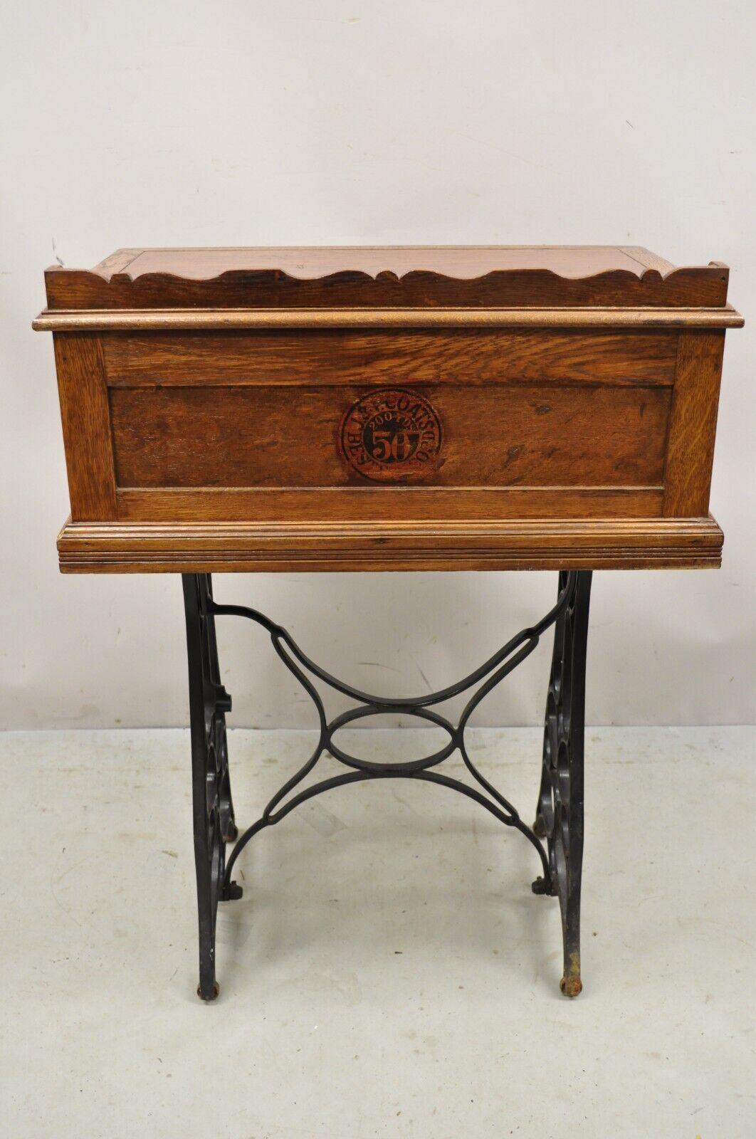 Antique J&P Coats Oak Wood 4 Drawer Sewing Spool Cabinet Desk W/ Cast Iron Base 2