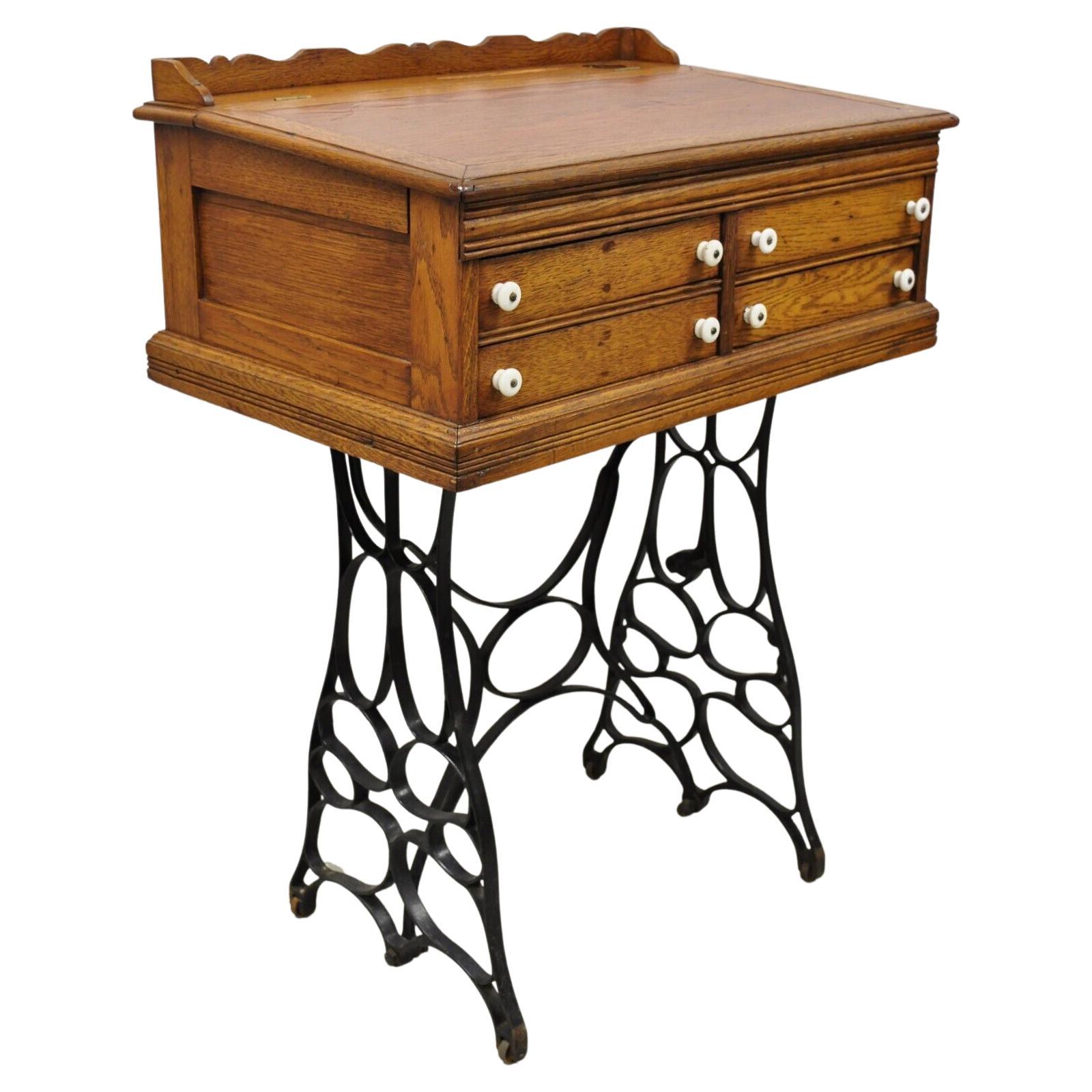 Antique J&P Coats Oak Wood 4 Drawer Sewing Spool Cabinet Desk W/ Cast Iron Base